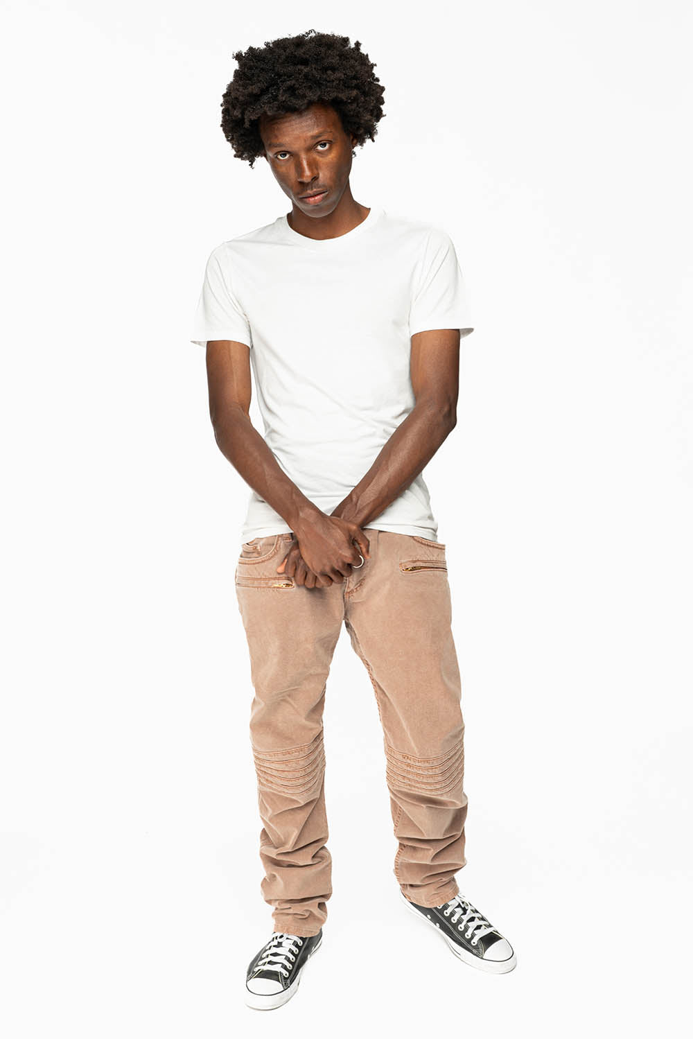 MENS MOTO BIKER JEANS IN KHAKI WASH