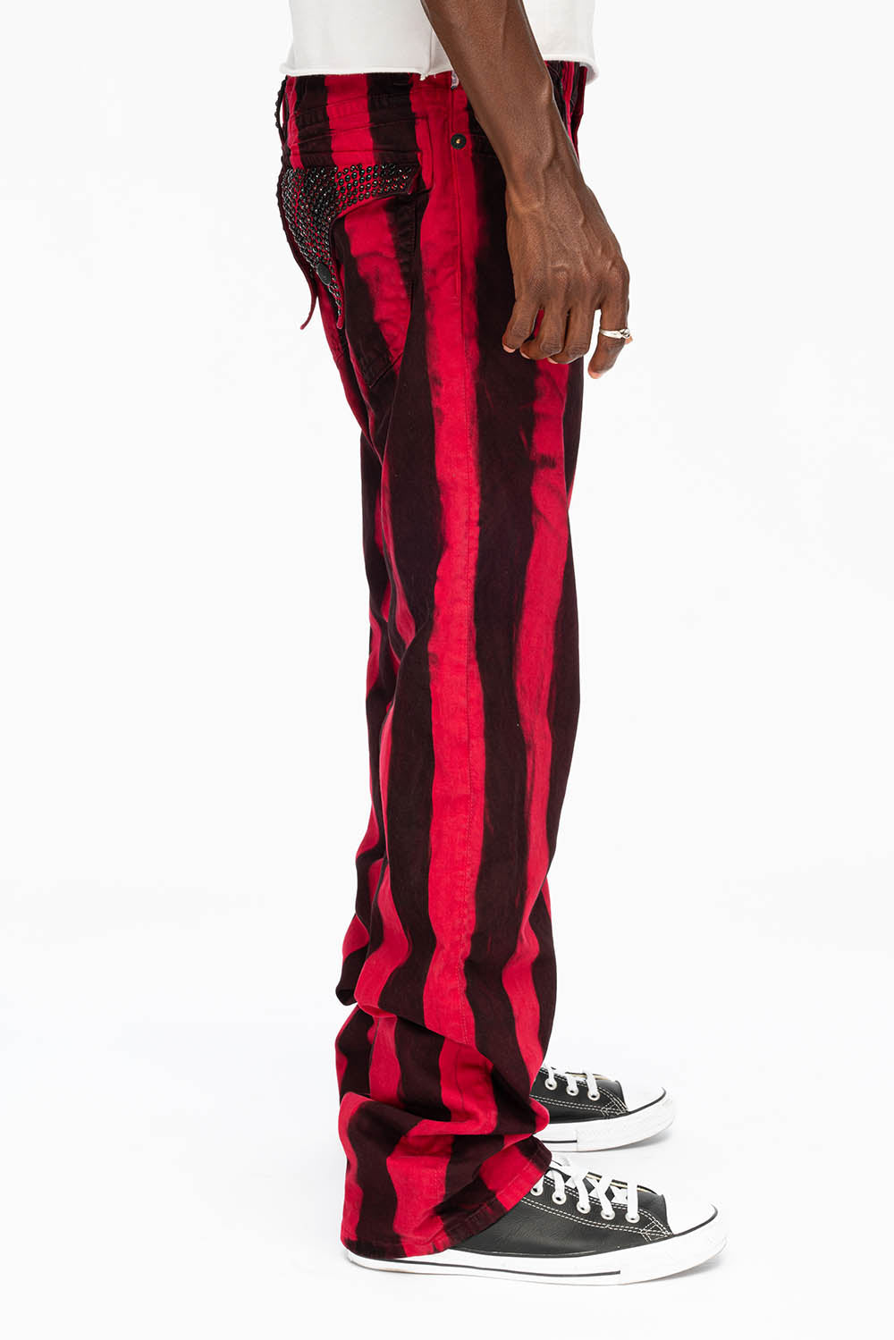 Robin s Jean Mens Classic Straight Leg Long Flap Jeans in Prisoner Black and Red with Crystals