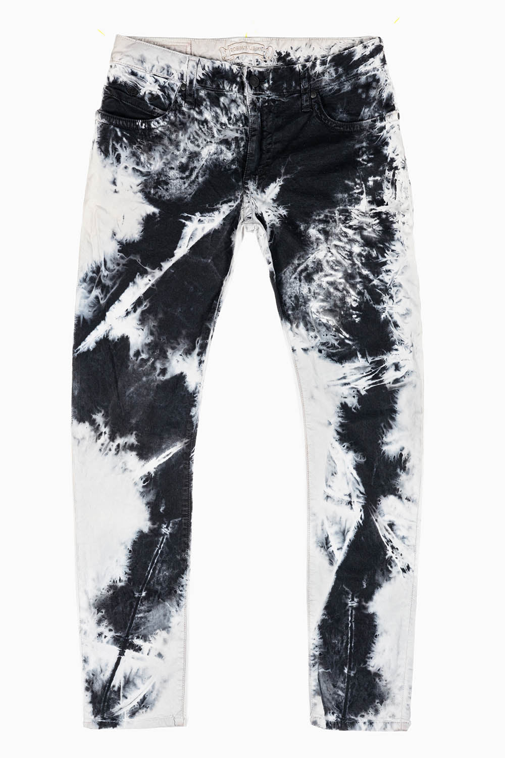 LONG FLAP SLIM FIT MENS JEANS WITH CRYSTALS IN TIE DYE BLK WASH
