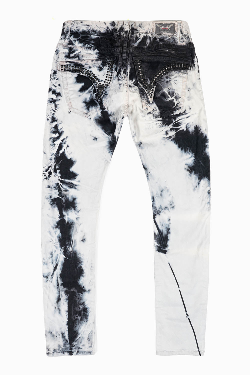 LONG FLAP SLIM FIT MENS JEANS WITH CRYSTALS IN TIE DYE BLK WASH