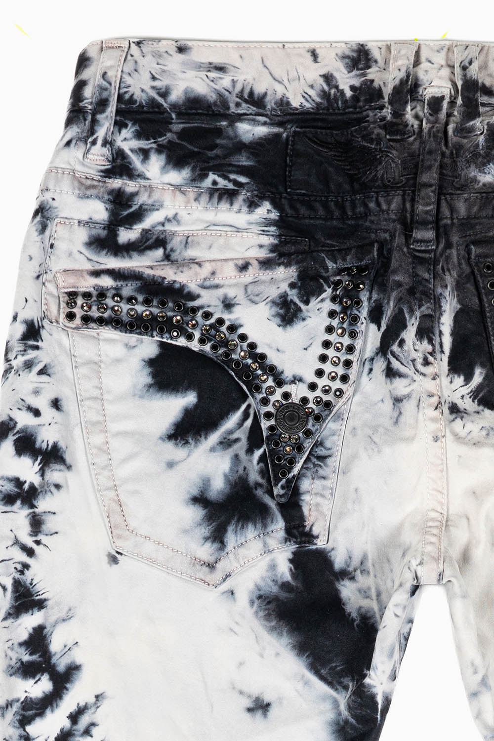 LONG FLAP SLIM FIT MENS JEANS WITH CRYSTALS IN TIE DYE BLK WASH