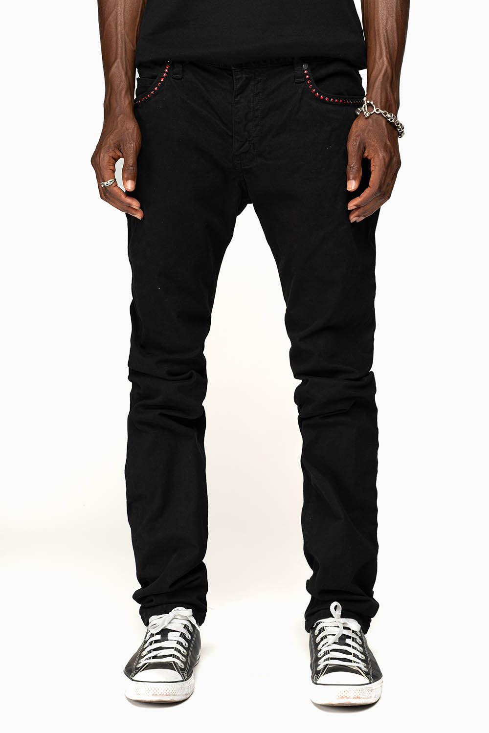 LONG FLAP SLIM FIT MENS JEANS WITH RED CRYSTALS IN OVER-DYE BLACK