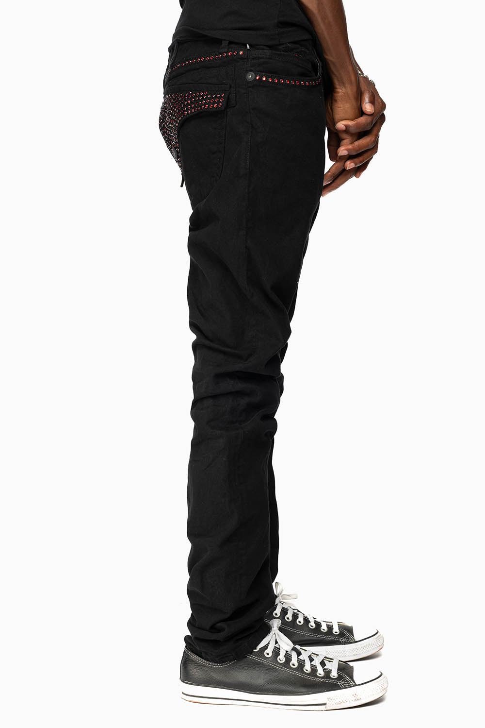 LONG FLAP SLIM FIT MENS JEANS WITH RED CRYSTALS IN OVER-DYE BLACK