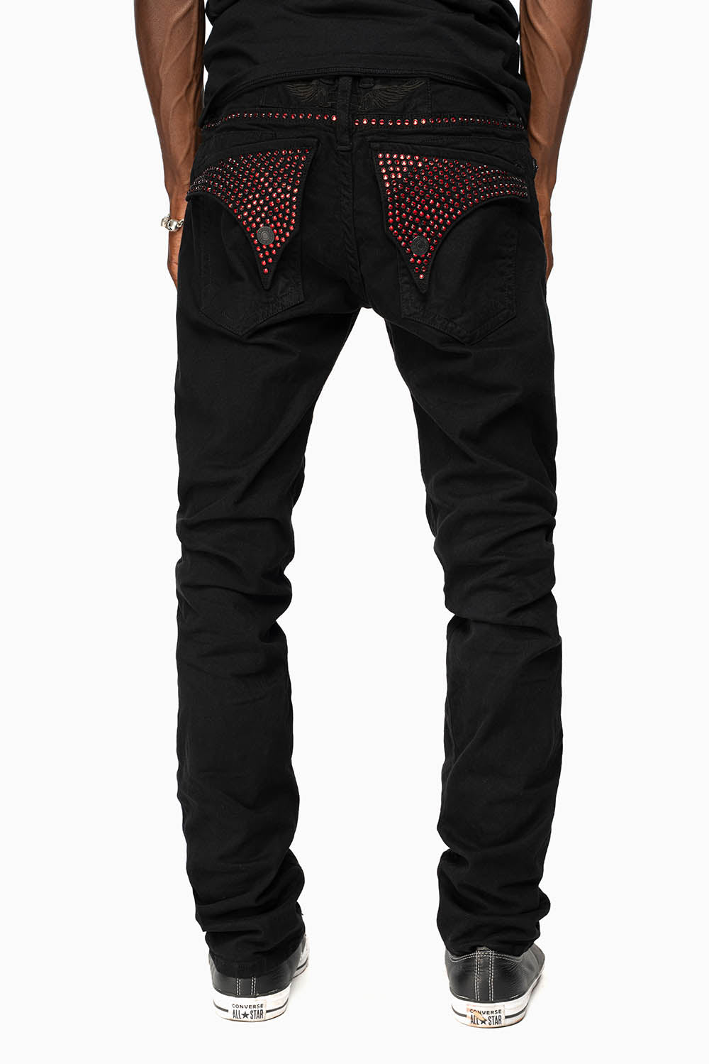 LONG FLAP SLIM FIT MENS JEANS WITH RED CRYSTALS IN OVER-DYE BLACK