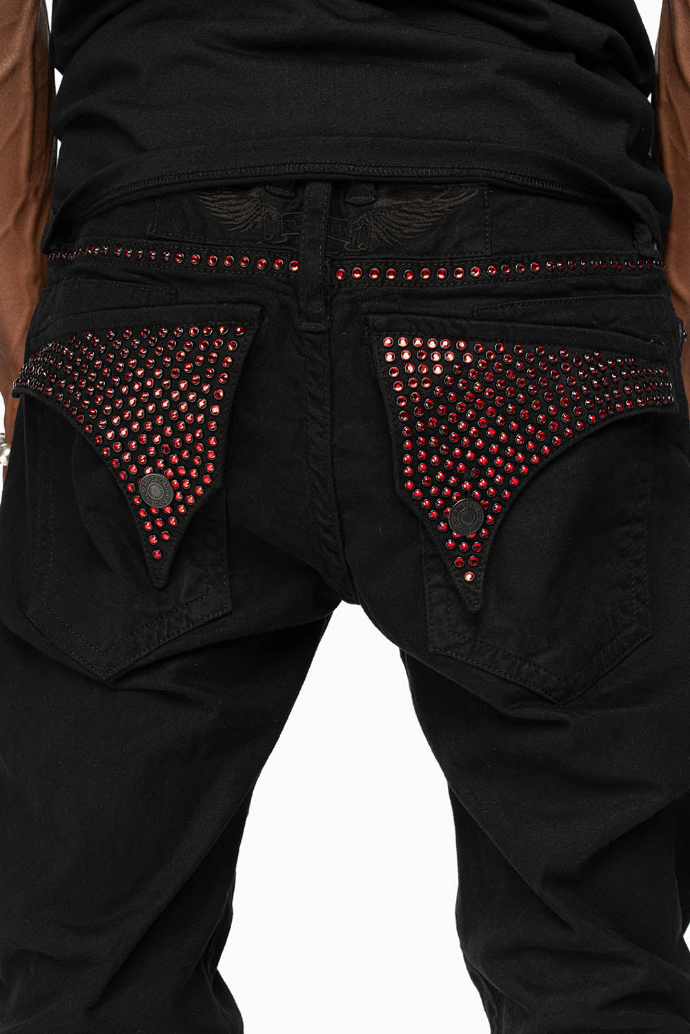 LONG FLAP SLIM FIT MENS JEANS WITH RED CRYSTALS IN OVER-DYE BLACK