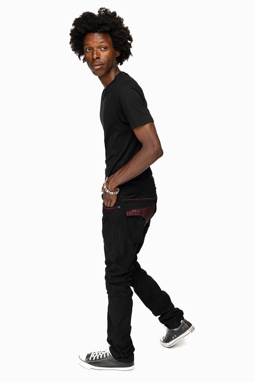 LONG FLAP SLIM FIT MENS JEANS WITH RED CRYSTALS IN OVER-DYE BLACK