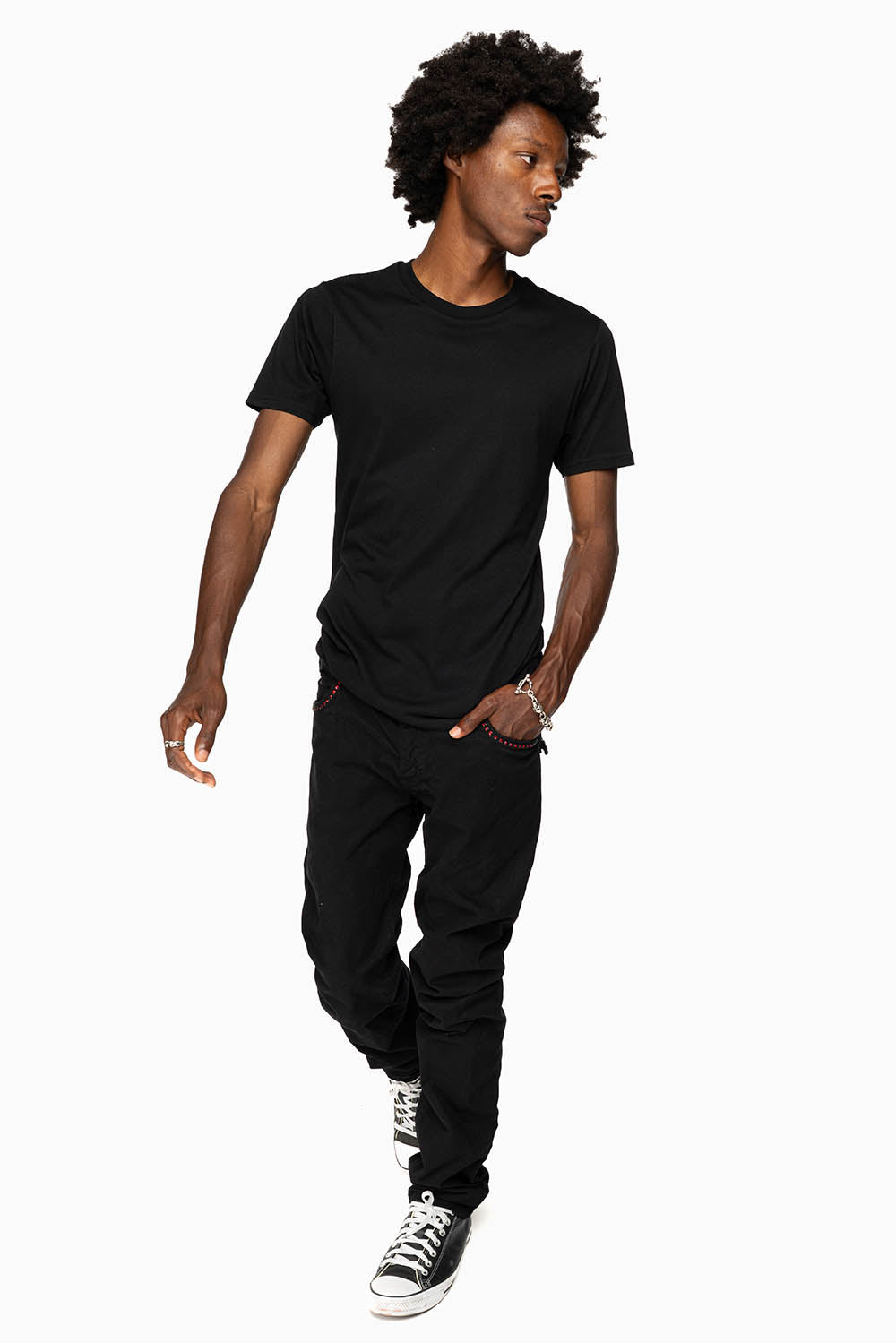 LONG FLAP SLIM FIT MENS JEANS WITH RED CRYSTALS IN OVER-DYE BLACK