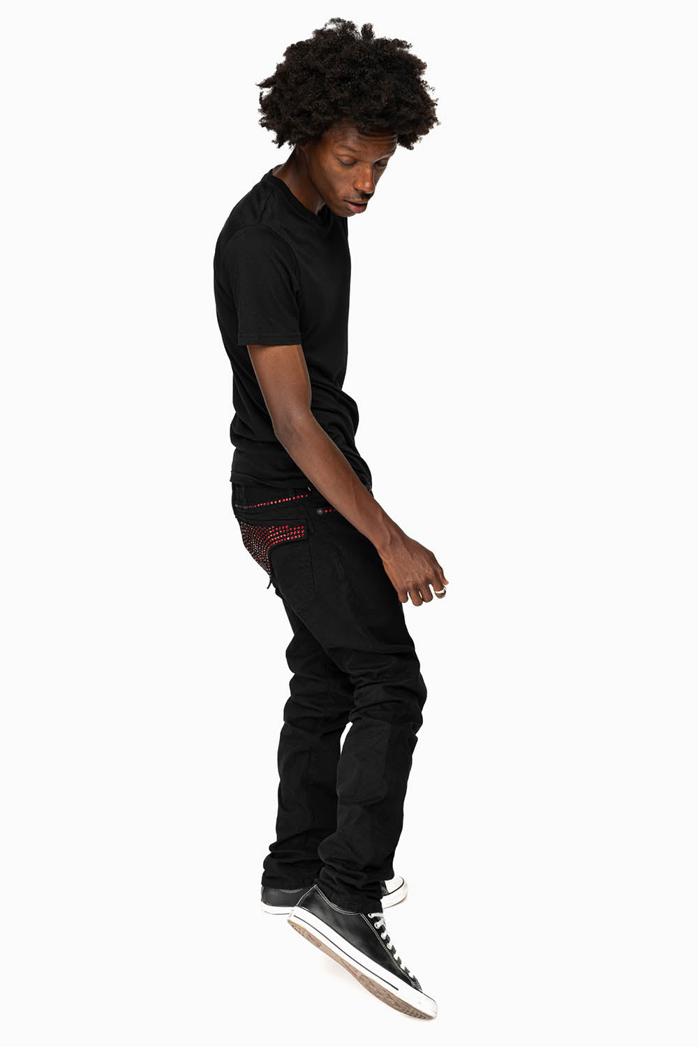 LONG FLAP SLIM FIT MENS JEANS WITH RED CRYSTALS IN OVER-DYE BLACK
