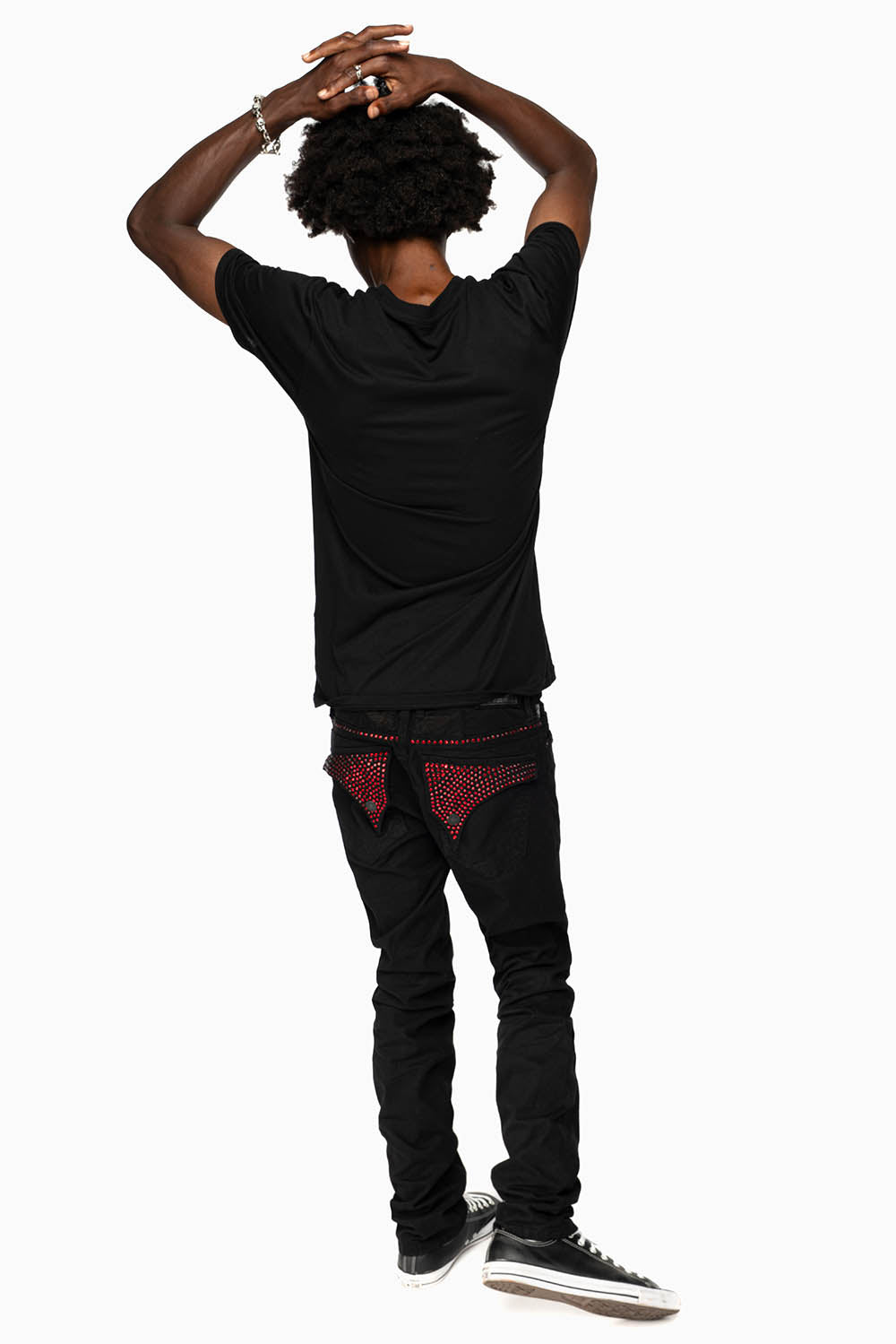 LONG FLAP SLIM FIT MENS JEANS WITH RED CRYSTALS IN OVER-DYE BLACK