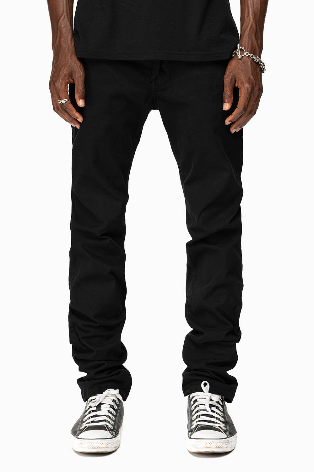 LONG FLAP SLIM FIT MENS JEANS WITH JET BLK CRYSTALS IN OVER-DYE BLACK