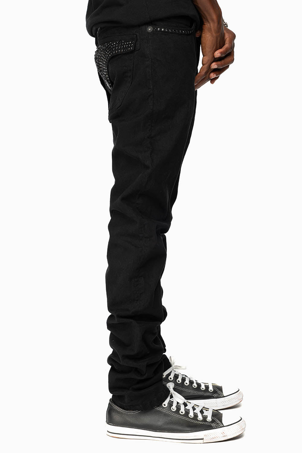 LONG FLAP SLIM FIT MENS JEANS WITH JET BLK CRYSTALS IN OVER-DYE BLACK