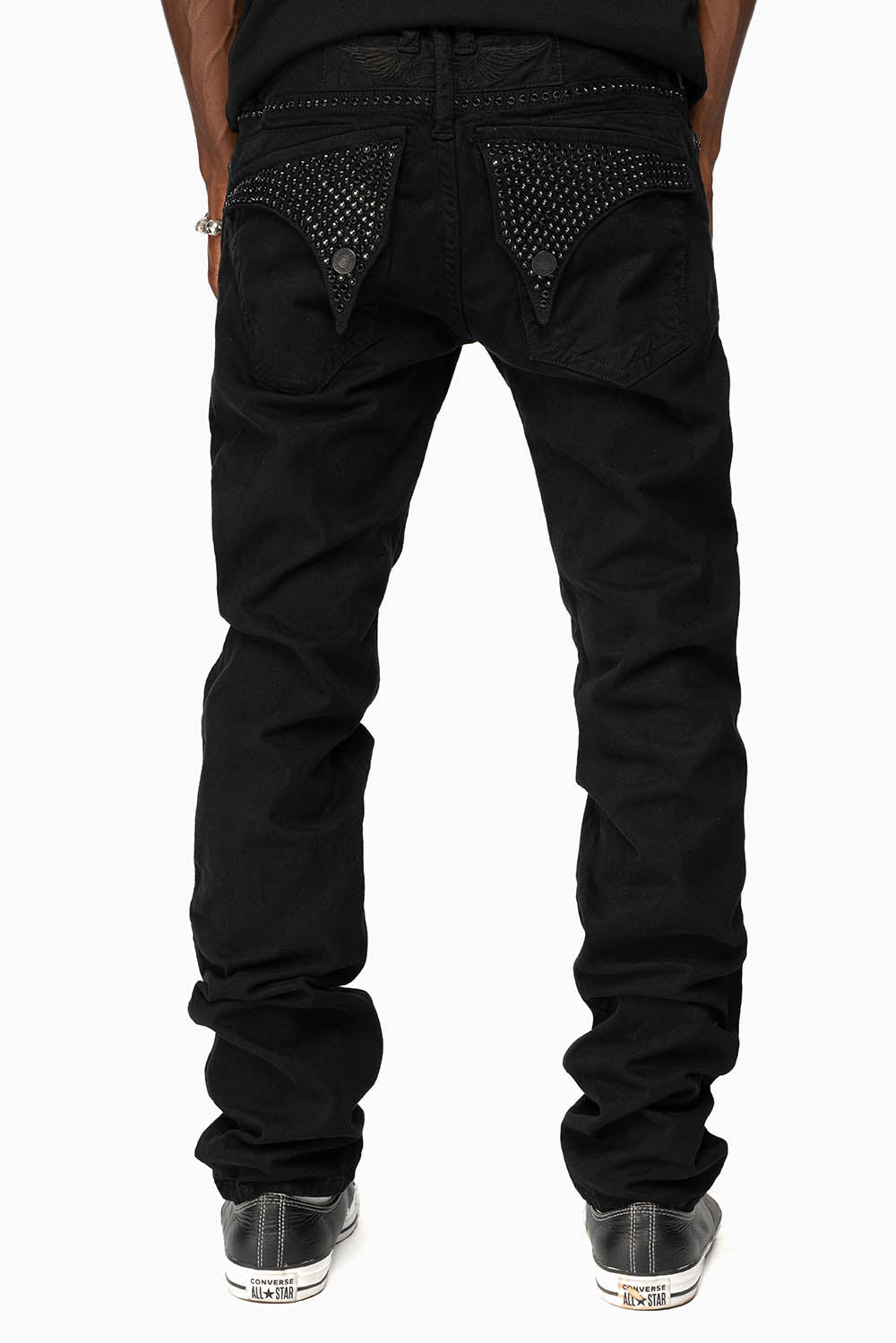 LONG FLAP SLIM FIT MENS JEANS WITH JET BLK CRYSTALS IN OVER-DYE BLACK