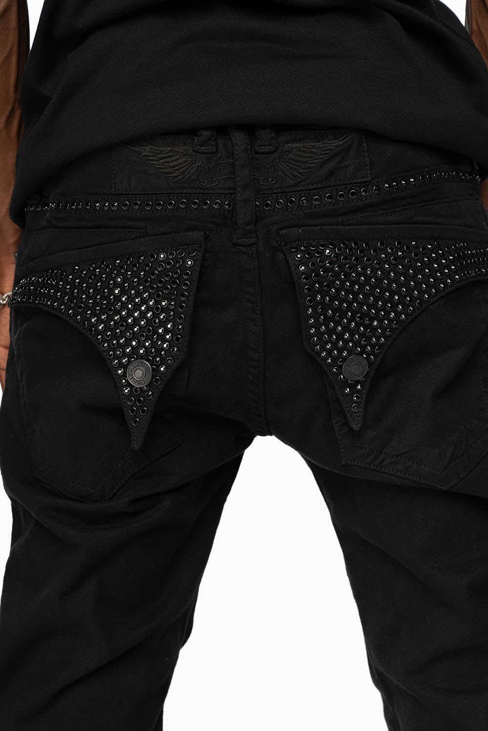 LONG FLAP SLIM FIT MENS JEANS WITH JET BLK CRYSTALS IN OVER-DYE BLACK