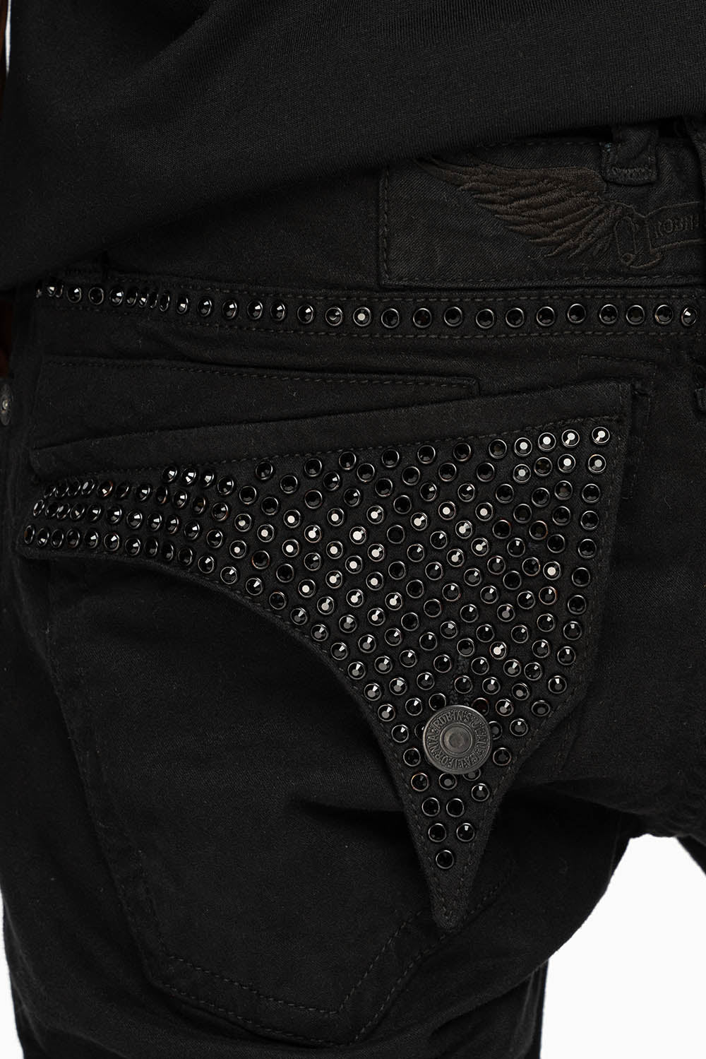 LONG FLAP SLIM FIT MENS JEANS WITH JET BLK CRYSTALS IN OVER-DYE BLACK