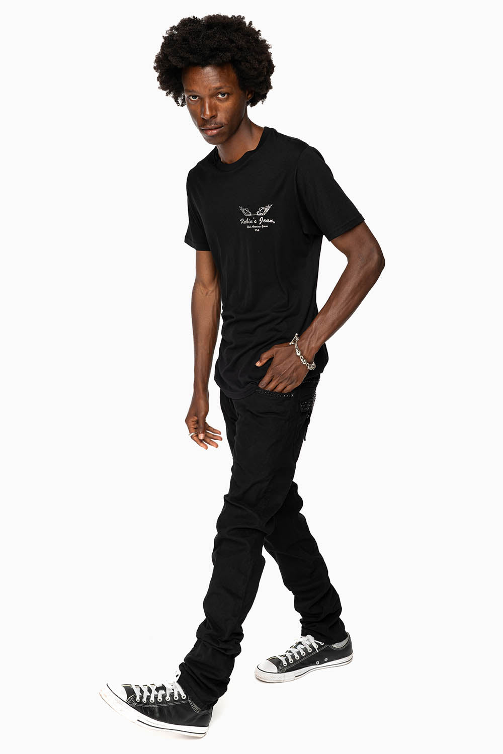 LONG FLAP SLIM FIT MENS JEANS WITH JET BLK CRYSTALS IN OVER-DYE BLACK