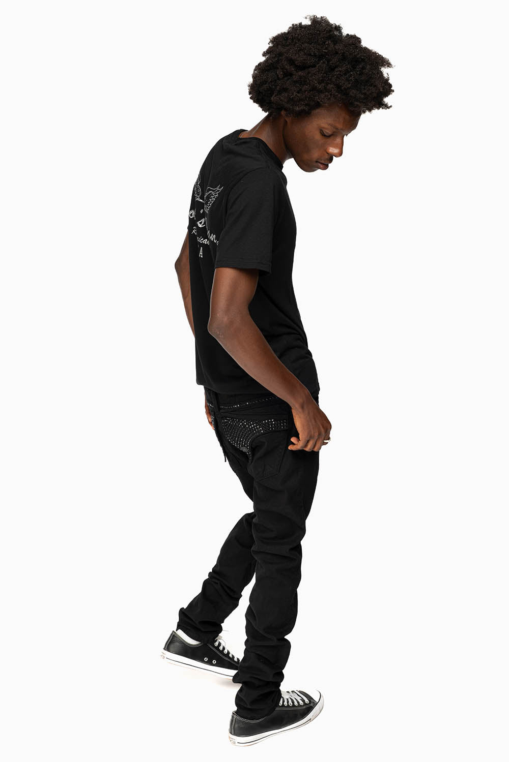 LONG FLAP SLIM FIT MENS JEANS WITH JET BLK CRYSTALS IN OVER-DYE BLACK