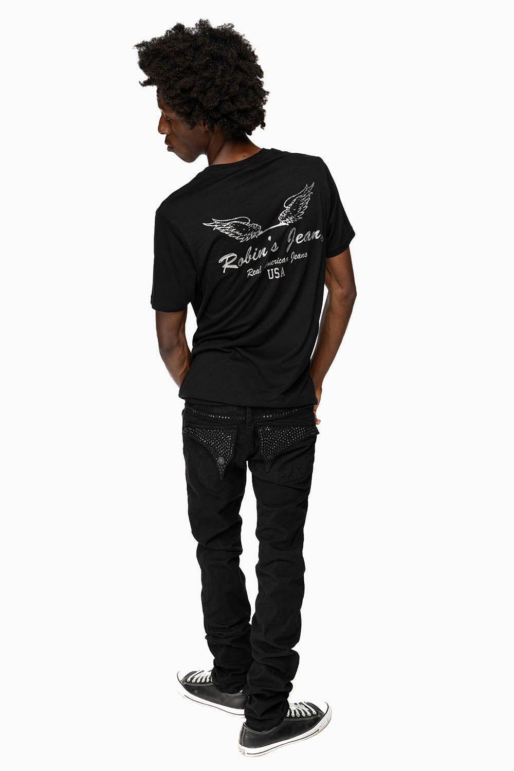 LONG FLAP SLIM FIT MENS JEANS WITH JET BLK CRYSTALS IN OVER-DYE BLACK