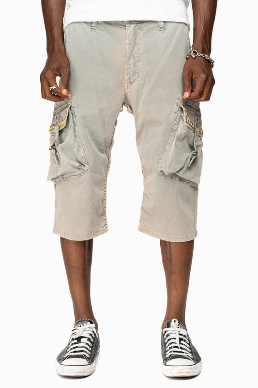 MEN'S MILITARY CARGO SHORTS WITH STUDS AND CRYSTALS IN CEMENT WASH