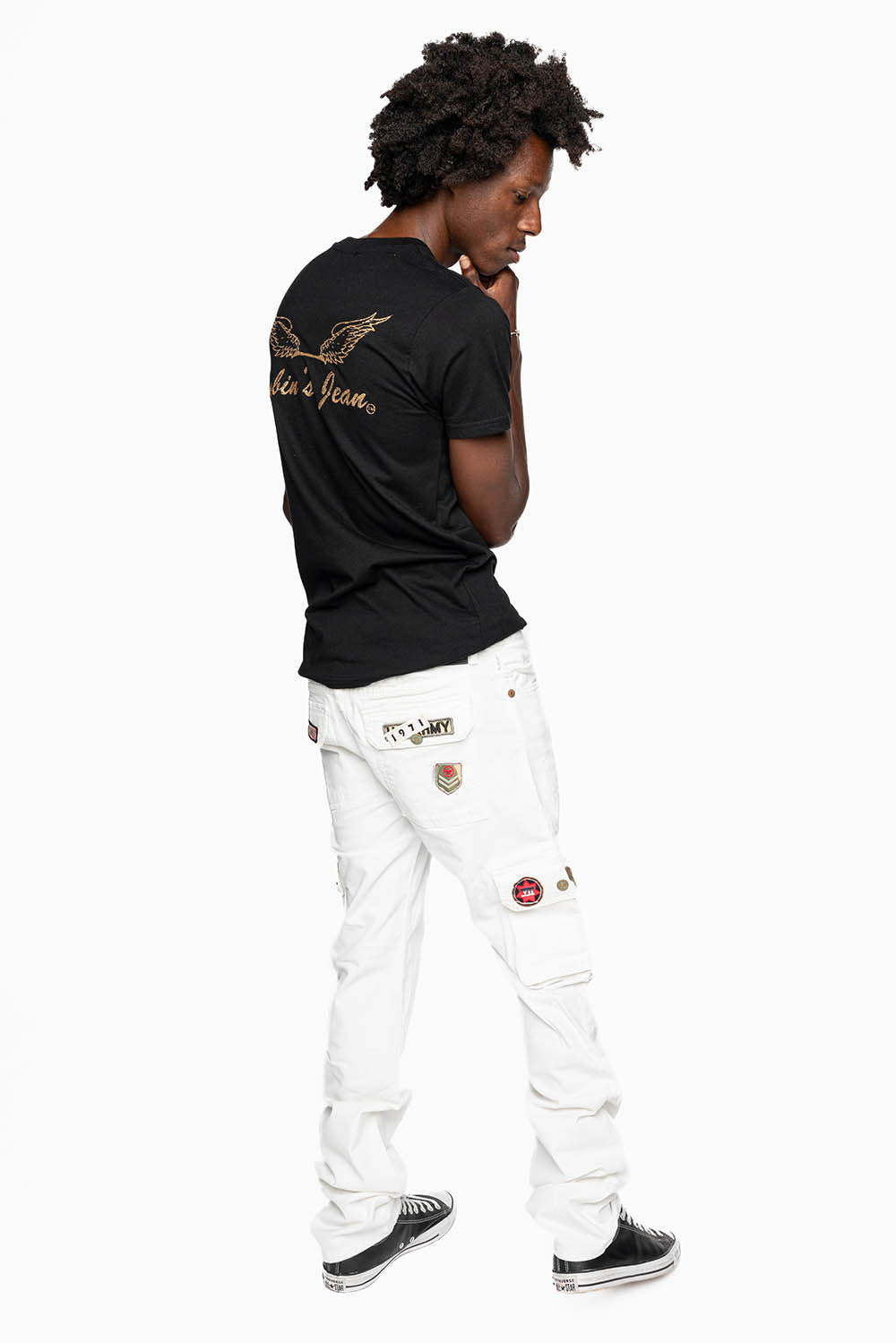 MENS MILITARY JEAN IN PURE WHITE WASH WITH PATCHES