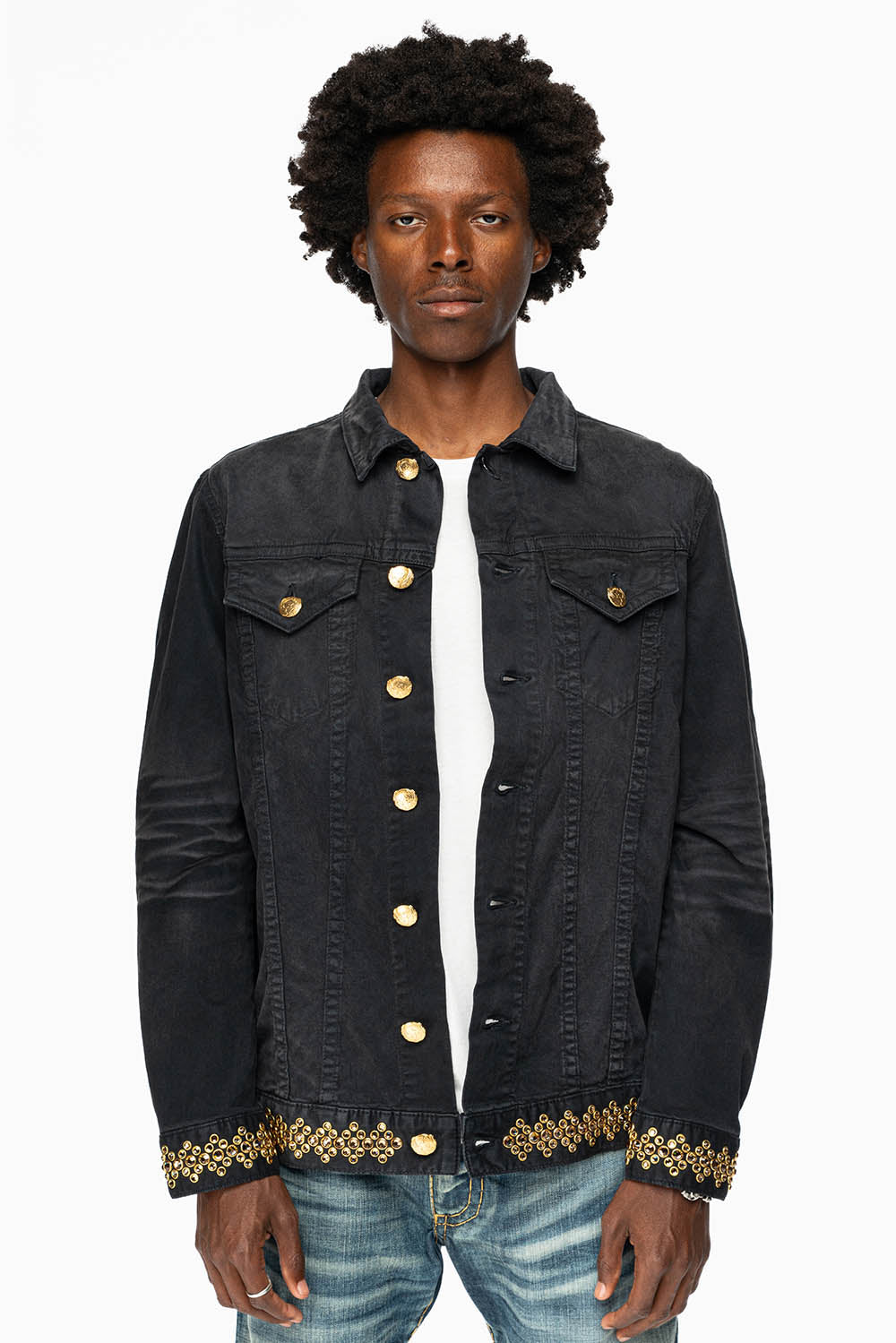 JEAN JKT IN PIGMENT SPRAY BLACK WASH EMBELLISHED WITH LARGE SMOKY TOPAZ CRYSTALS DESCRIPTION