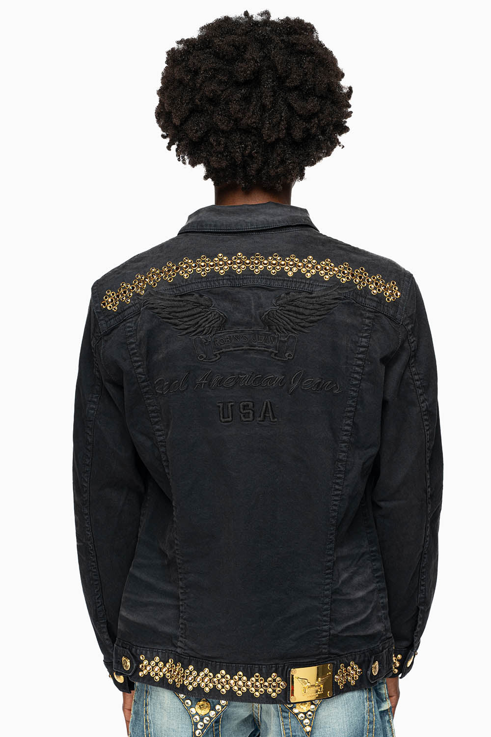 JEAN JKT IN PIGMENT SPRAY BLACK WASH EMBELLISHED WITH LARGE SMOKY TOPAZ CRYSTALS DESCRIPTION