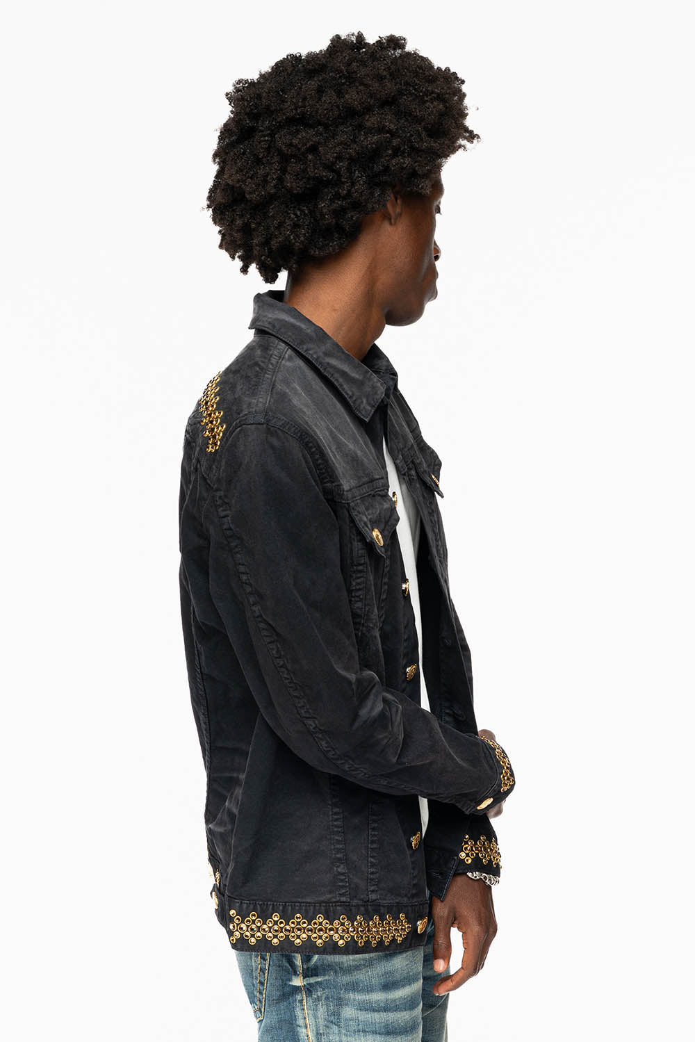 JEAN JKT IN PIGMENT SPRAY BLACK WASH EMBELLISHED WITH LARGE SMOKY TOPAZ CRYSTALS DESCRIPTION