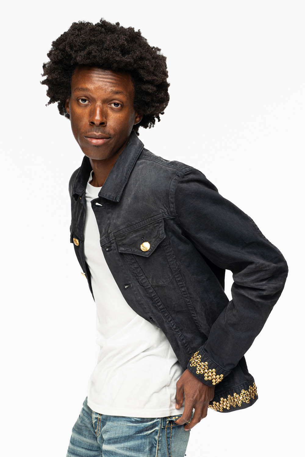 JEAN JKT IN PIGMENT SPRAY BLACK WASH EMBELLISHED WITH LARGE SMOKY TOPAZ CRYSTALS DESCRIPTION