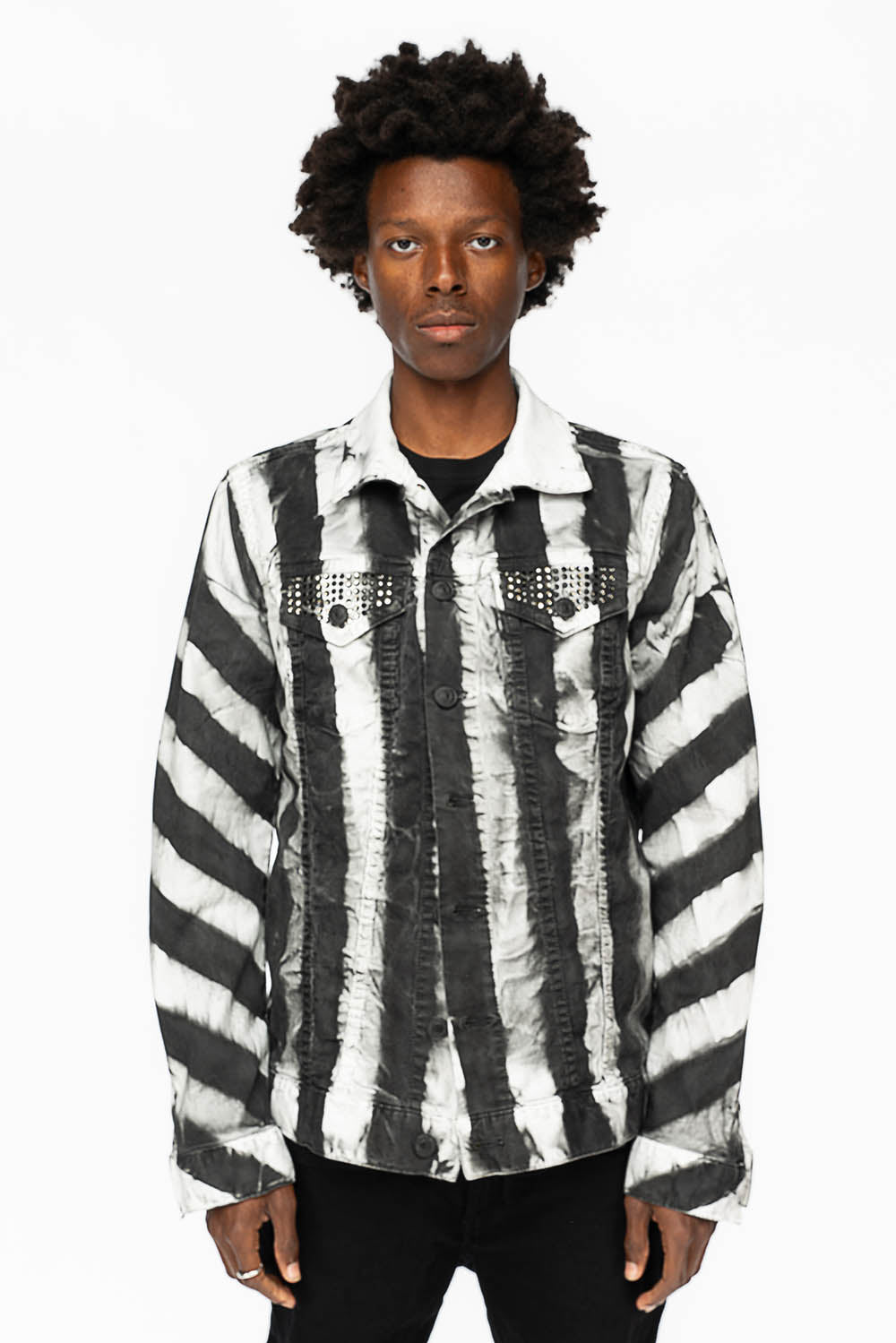 PRISONER JEAN JKT IN BLACK AND WHITE WASH WITH BLK DIAMOND AND JET BLK CRYSTALS