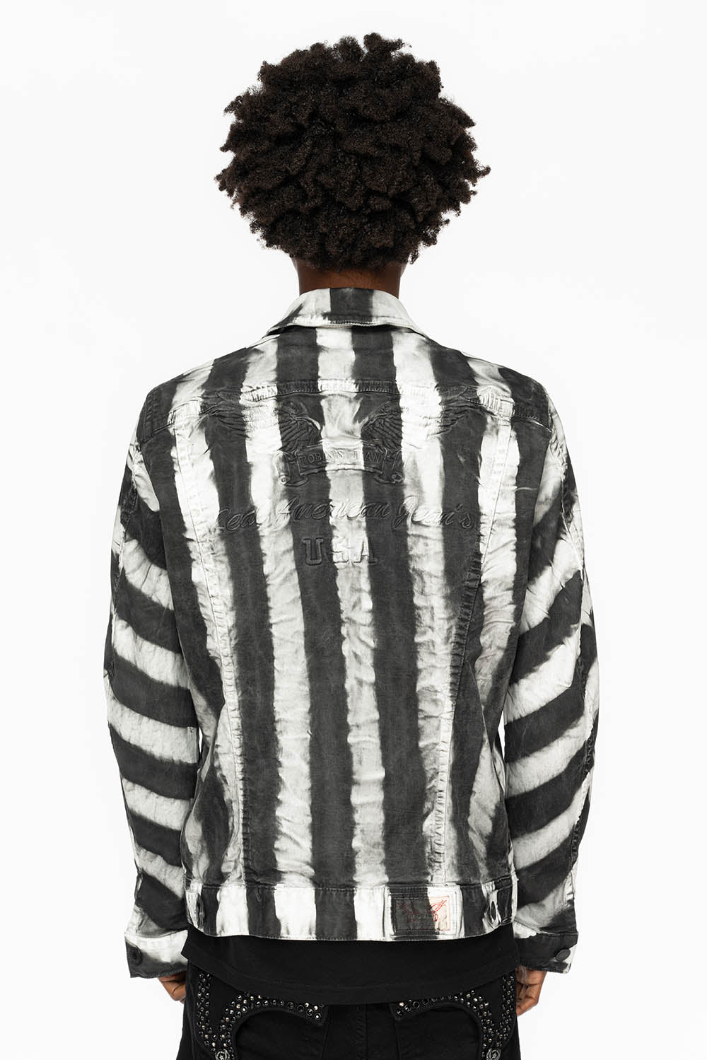 PRISONER JEAN JKT IN BLACK AND WHITE WASH WITH BLK DIAMOND AND JET BLK CRYSTALS