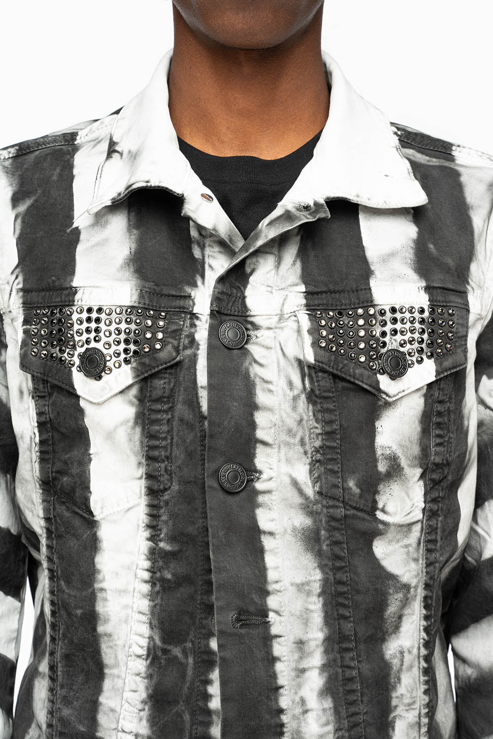PRISONER JEAN JKT IN BLACK AND WHITE WASH WITH BLK DIAMOND AND JET BLK CRYSTALS