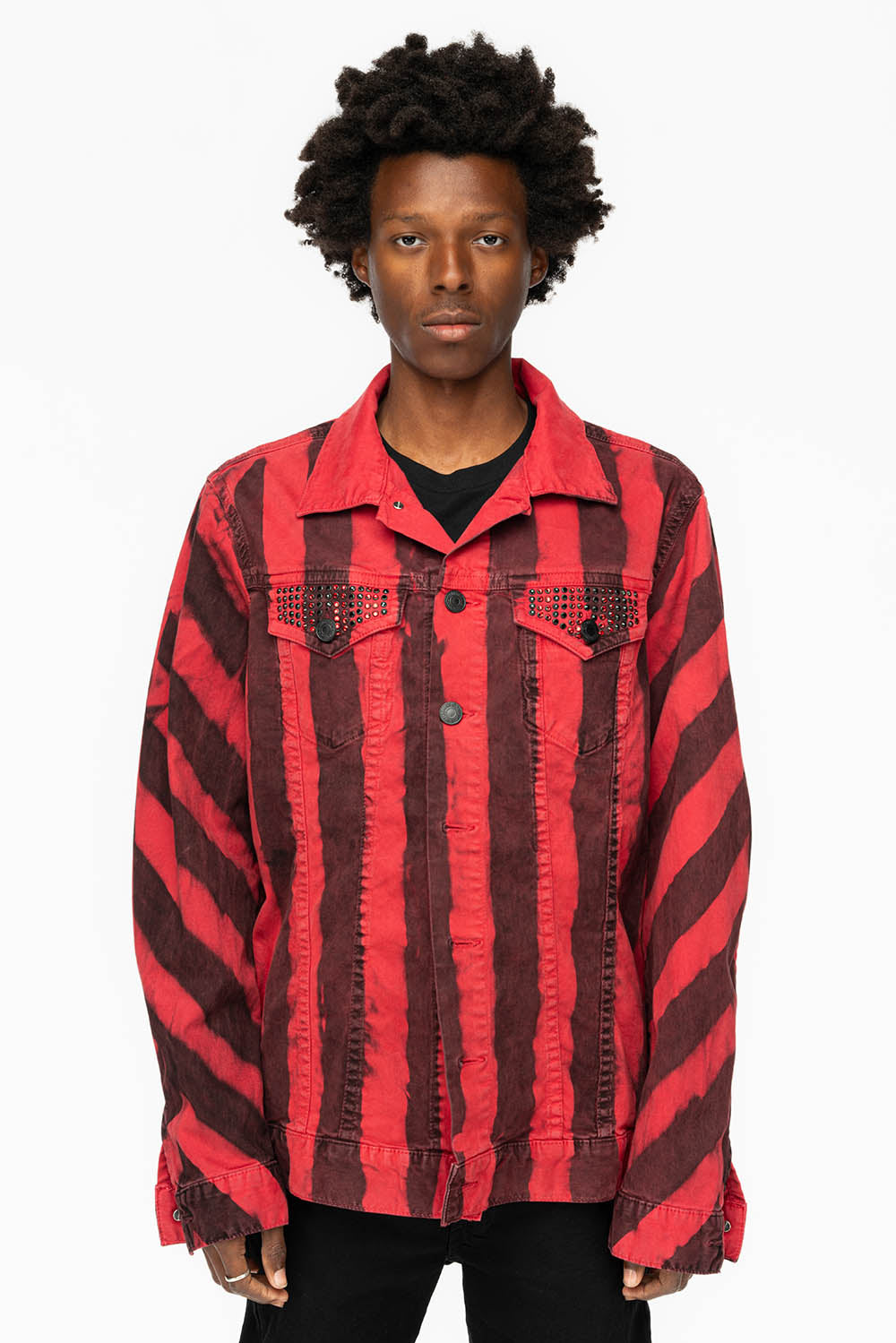 PRISONER JEAN JKT IN BLACK AND RED WASH WITH RED AND JET BLK CRYSTALS