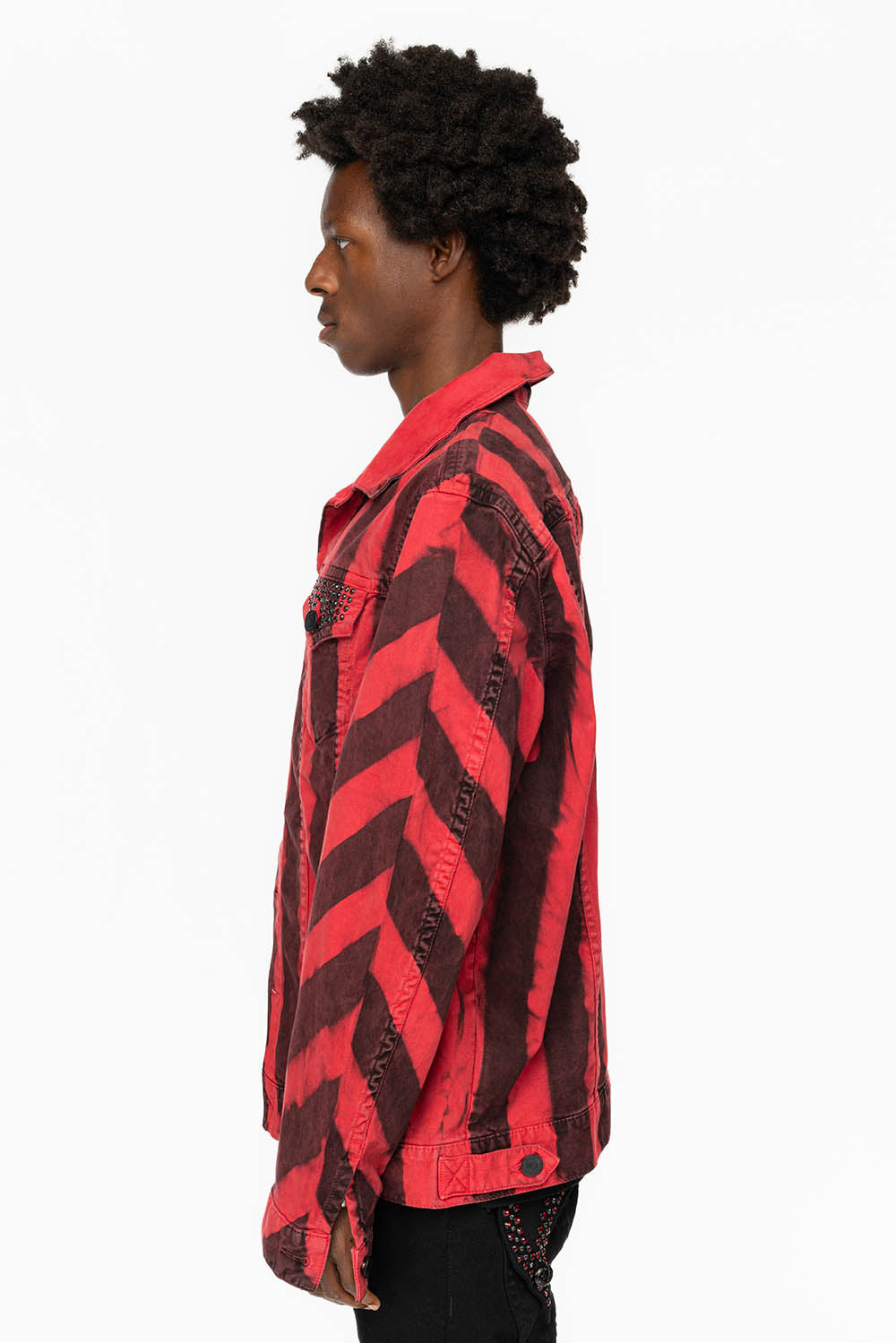 PRISONER JEAN JKT IN BLACK AND RED WASH WITH RED AND JET BLK CRYSTALS