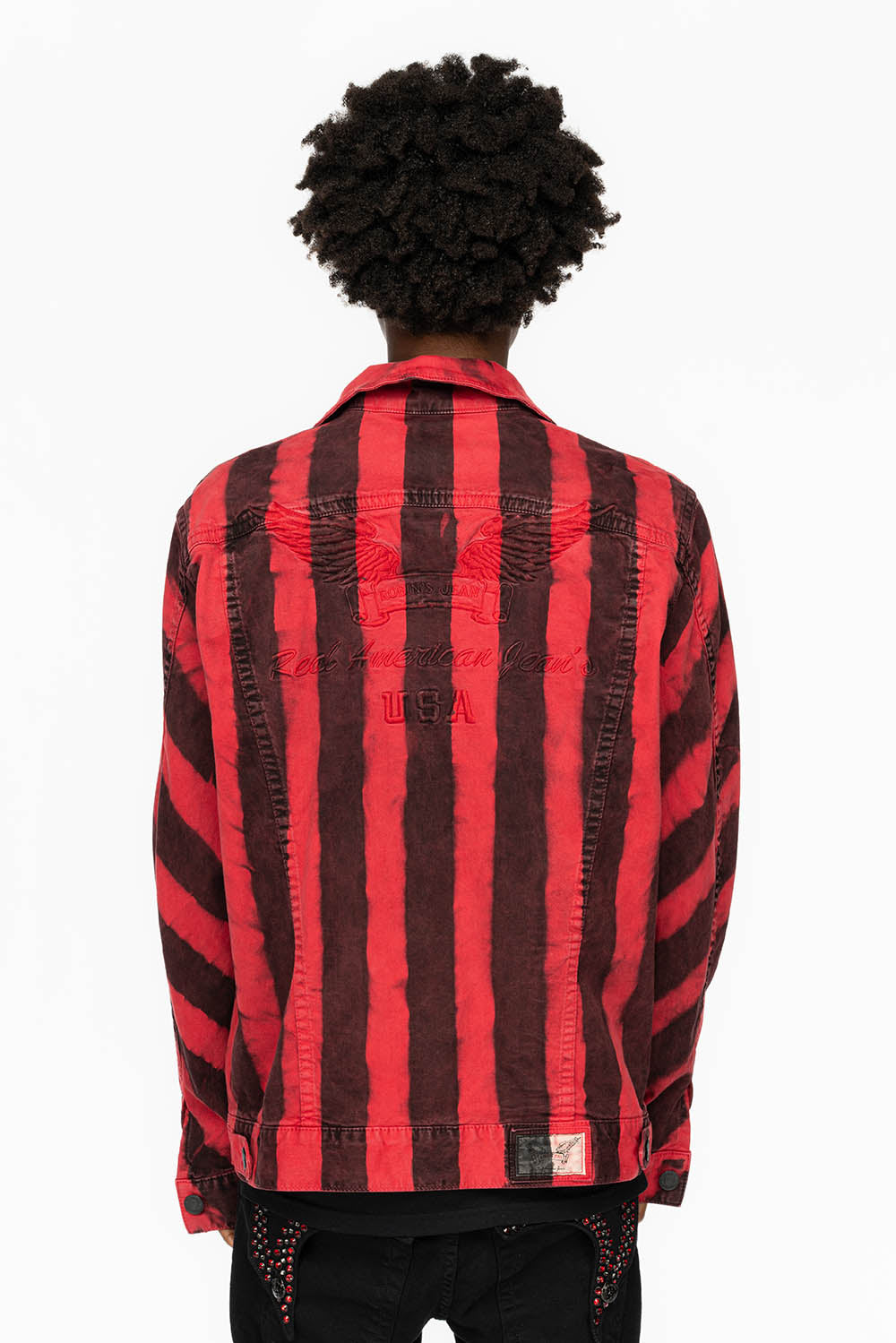 PRISONER JEAN JKT IN BLACK AND RED WASH WITH RED AND JET BLK CRYSTALS