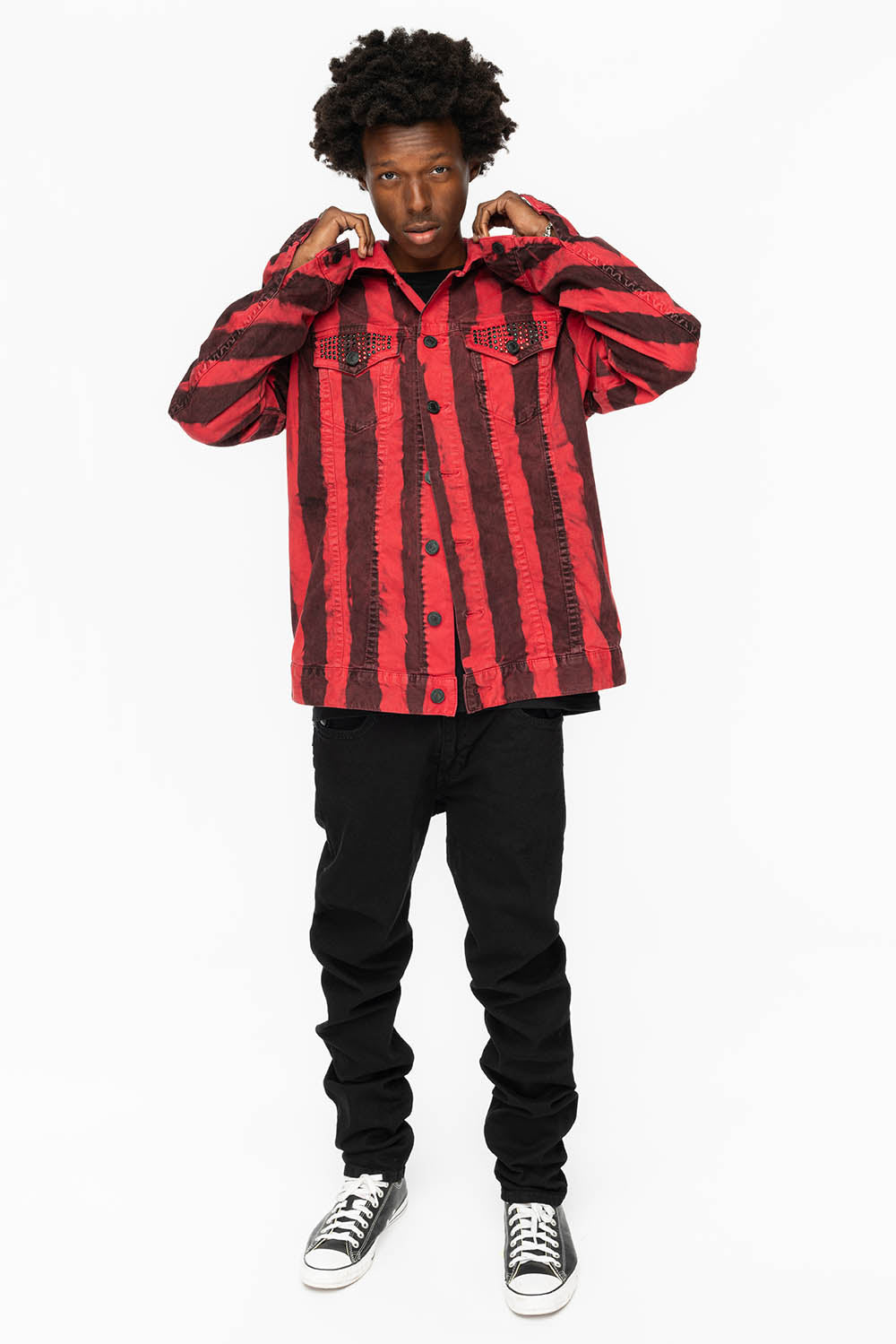 PRISONER JEAN JKT IN BLACK AND RED WASH WITH RED AND JET BLK CRYSTALS