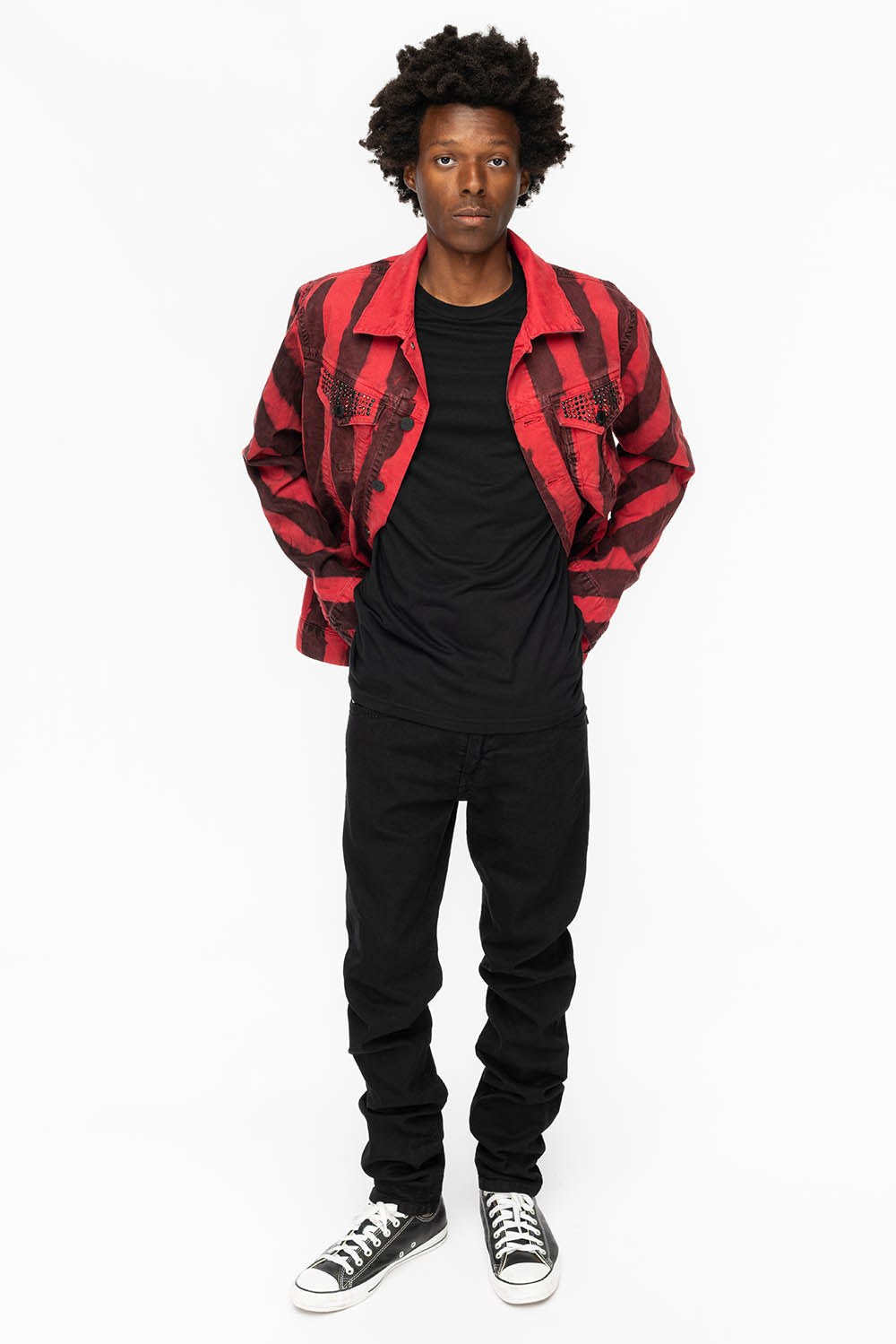 PRISONER JEAN JKT IN BLACK AND RED WASH WITH RED AND JET BLK CRYSTALS