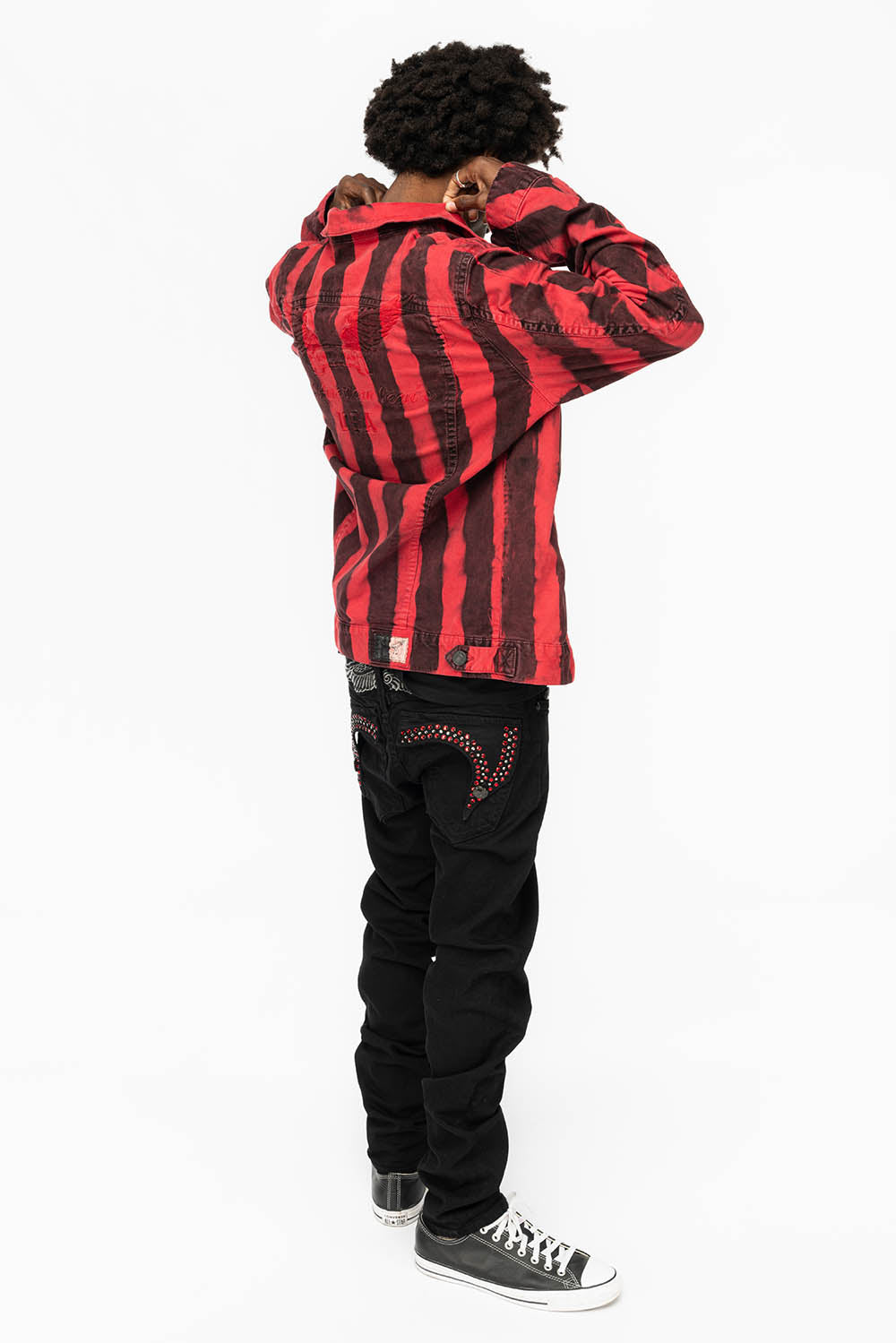 PRISONER JEAN JKT IN BLACK AND RED WASH WITH RED AND JET BLK CRYSTALS