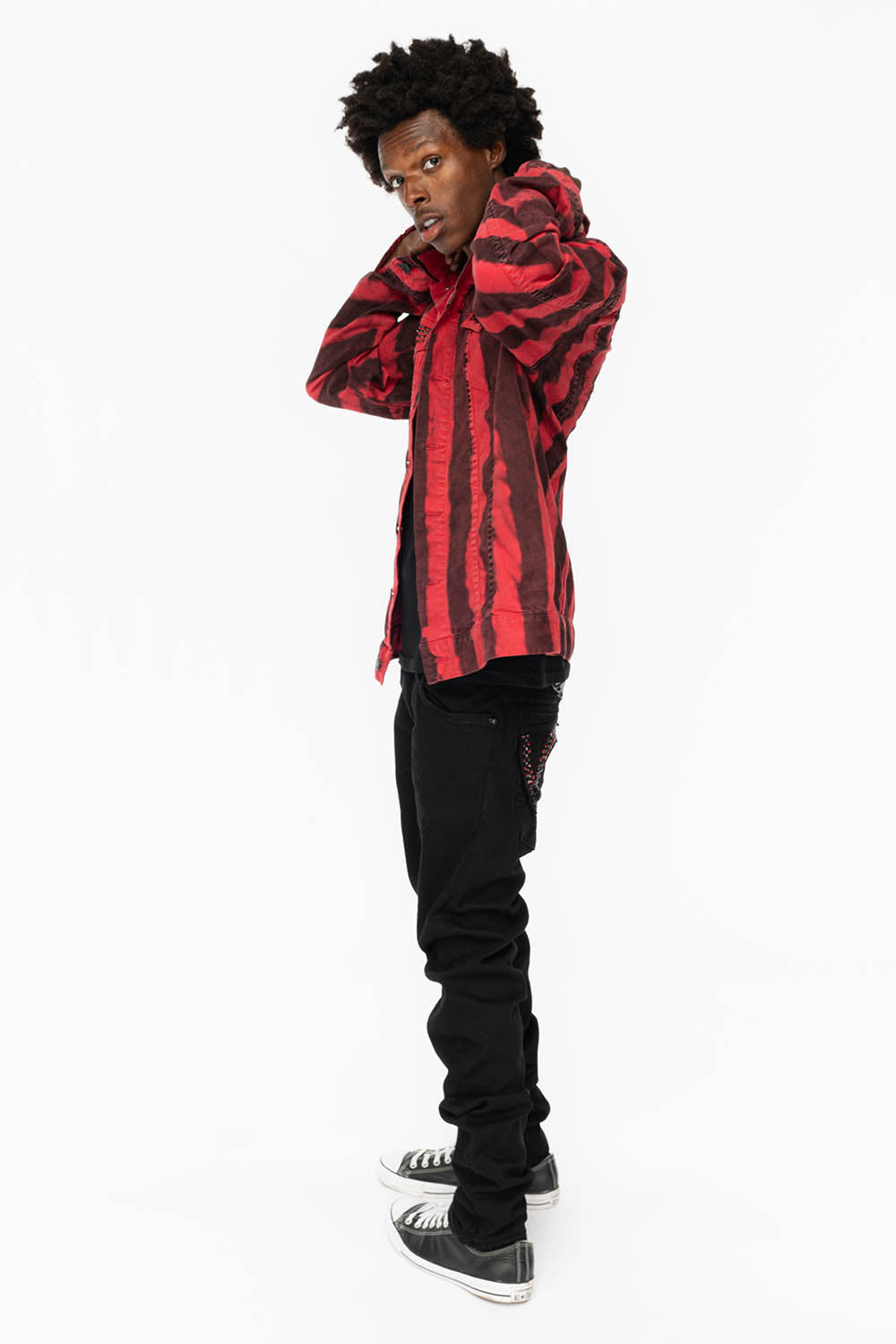 PRISONER JEAN JKT IN BLACK AND RED WASH WITH RED AND JET BLK CRYSTALS