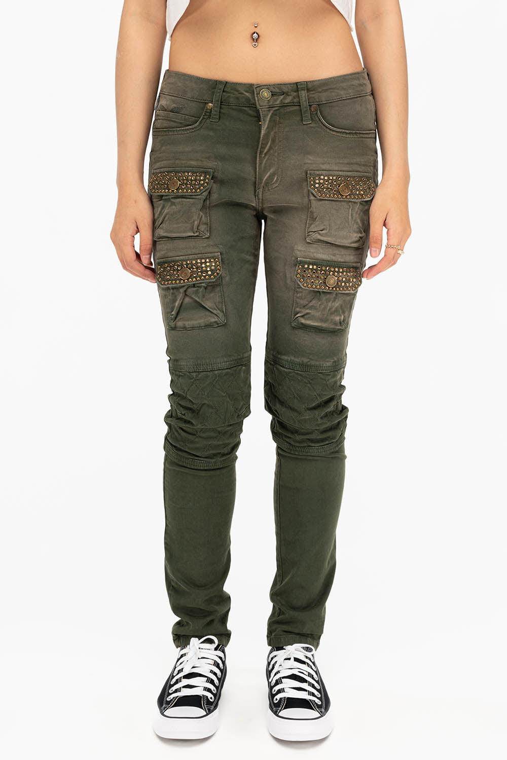 ROBIN'S WOMEN'S SKINNY UTILITARIAN JEANS IN SULFUR GREEN ARMY WITH STUDS AND CRYSTALS