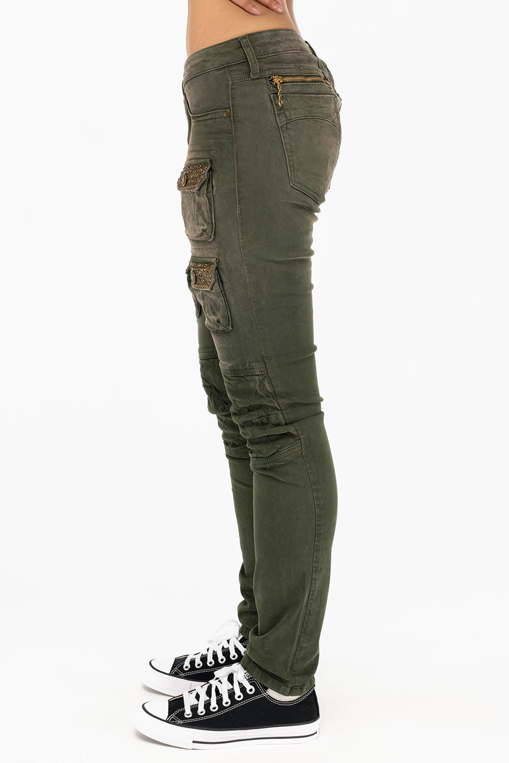 ROBIN'S WOMEN'S SKINNY UTILITARIAN JEANS IN SULFUR GREEN ARMY WITH STUDS AND CRYSTALS