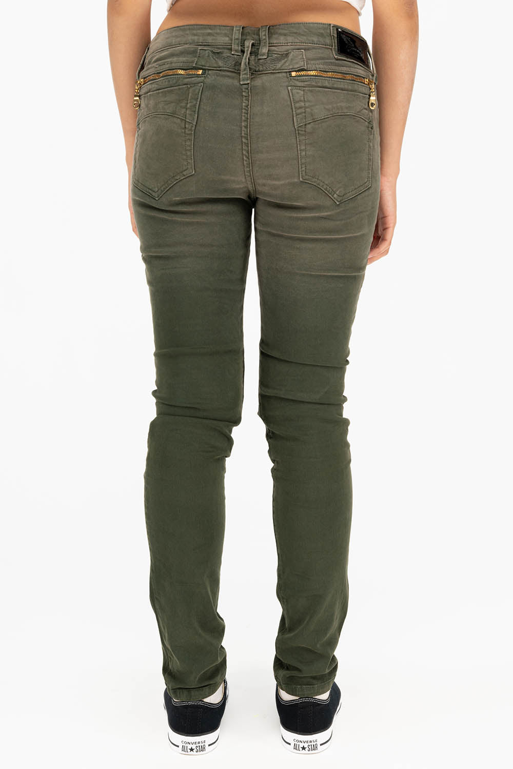 ROBIN'S WOMEN'S SKINNY UTILITARIAN JEANS IN SULFUR GREEN ARMY WITH STUDS AND CRYSTALS