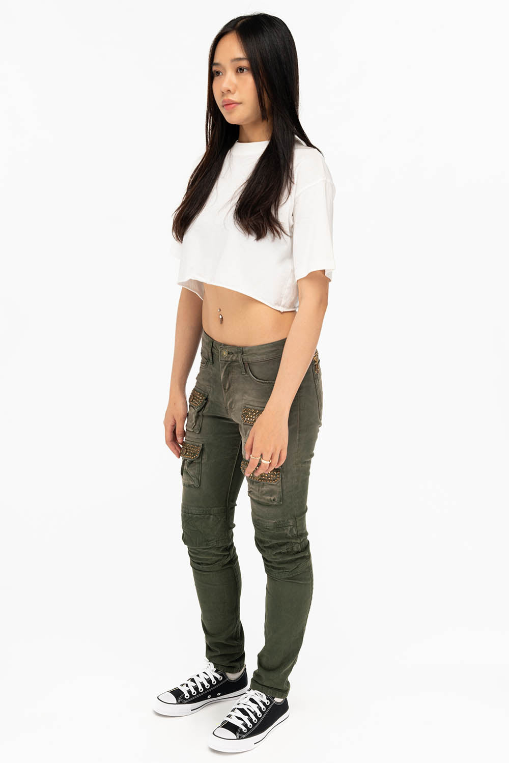 ROBIN'S WOMEN'S SKINNY UTILITARIAN JEANS IN SULFUR GREEN ARMY WITH STUDS AND CRYSTALS