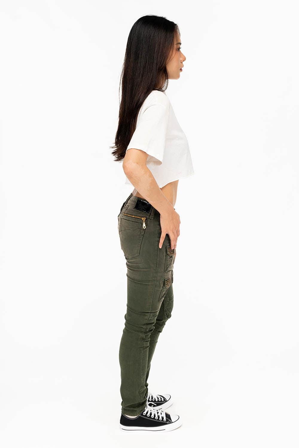 ROBIN'S WOMEN'S SKINNY UTILITARIAN JEANS IN SULFUR GREEN ARMY WITH STUDS AND CRYSTALS