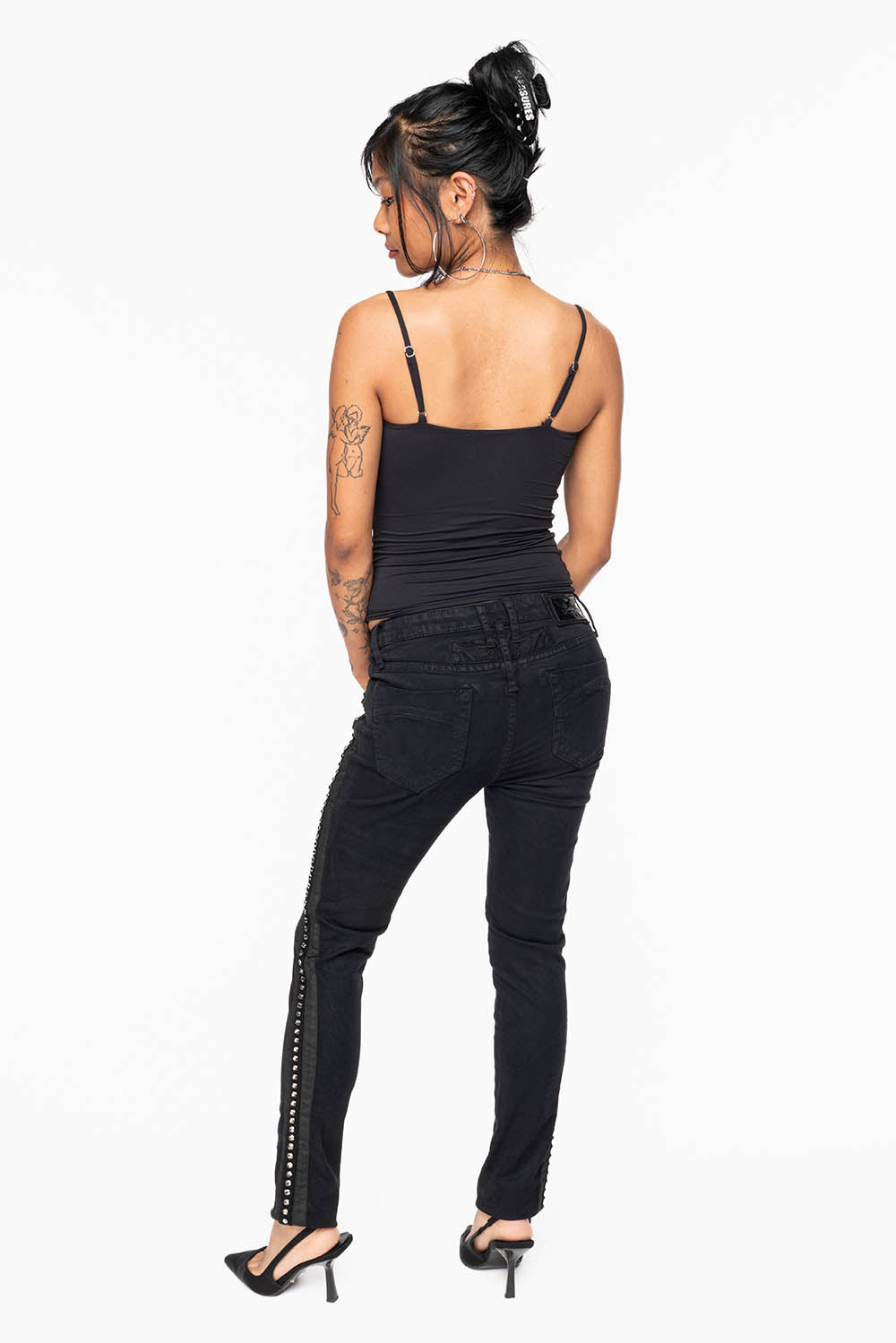 MID RISE WOMENS SKINNY BLACK JEANS WITH BLACK STRIPES EMBELLISHED WITH LARGE CRYSTALS