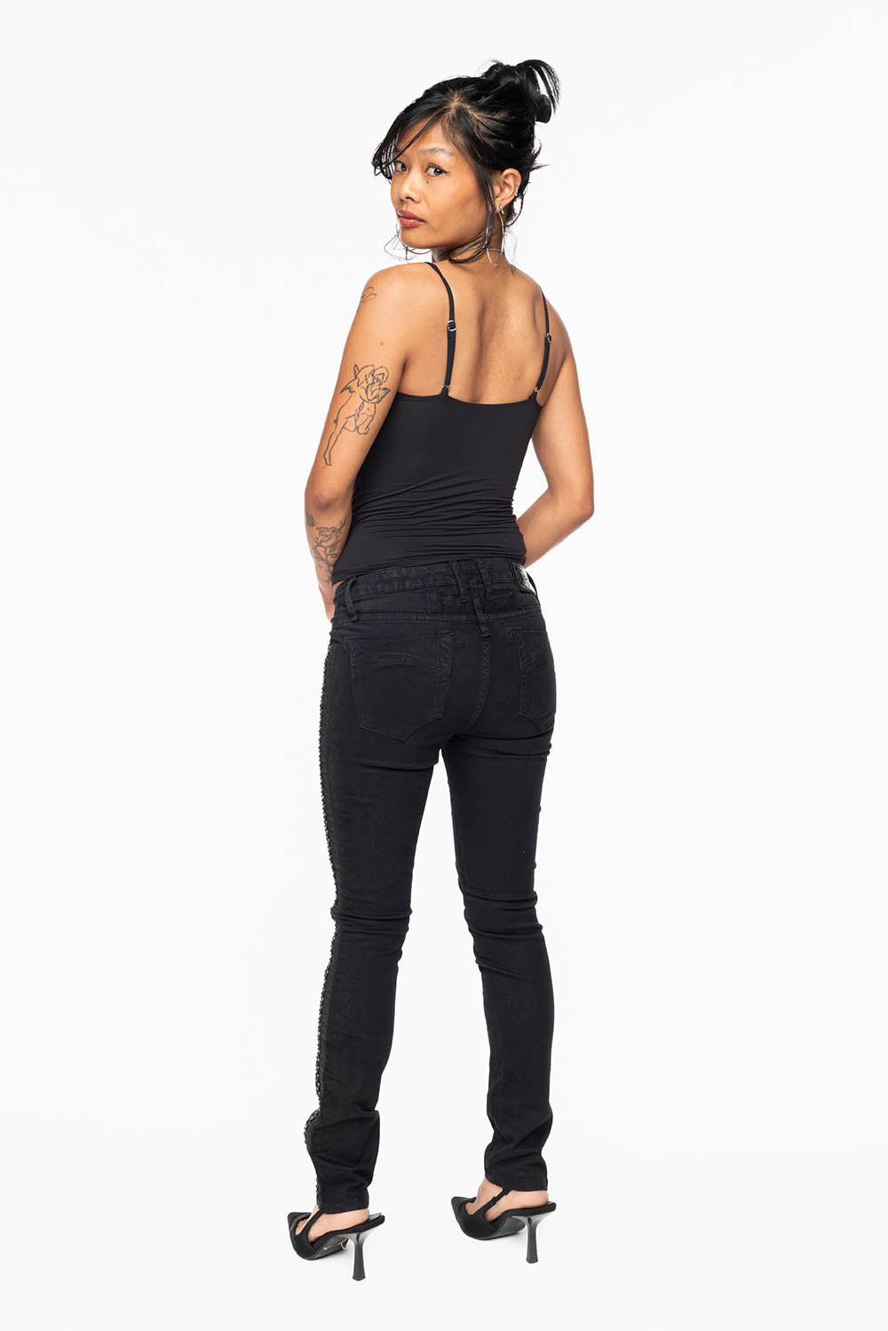 MID RISE WOMENS SKINNY BLACK JEANS WITH BLACK STRIPES EMBELLISHED WITH CRYSTALS