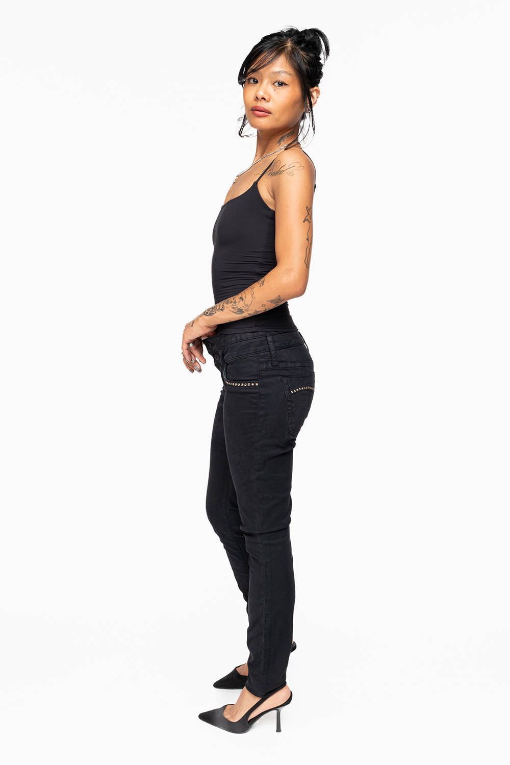 ROBIN'S DOUBLE WAIST SKINNY IN PURE BLK WITH STUDS AND CRYSTALS