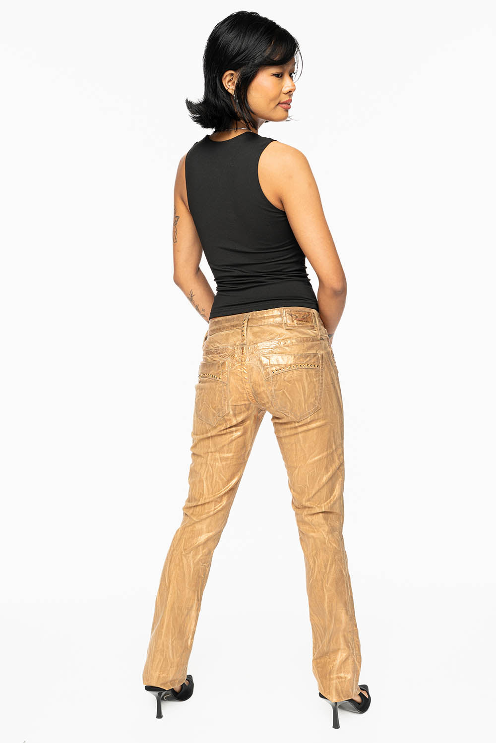MARILYN LOW RISE WOMENS JEANS IN BRONZE FOIL WITH TONAL WINGS & SMOKY TOPAZ CRYSTALS
