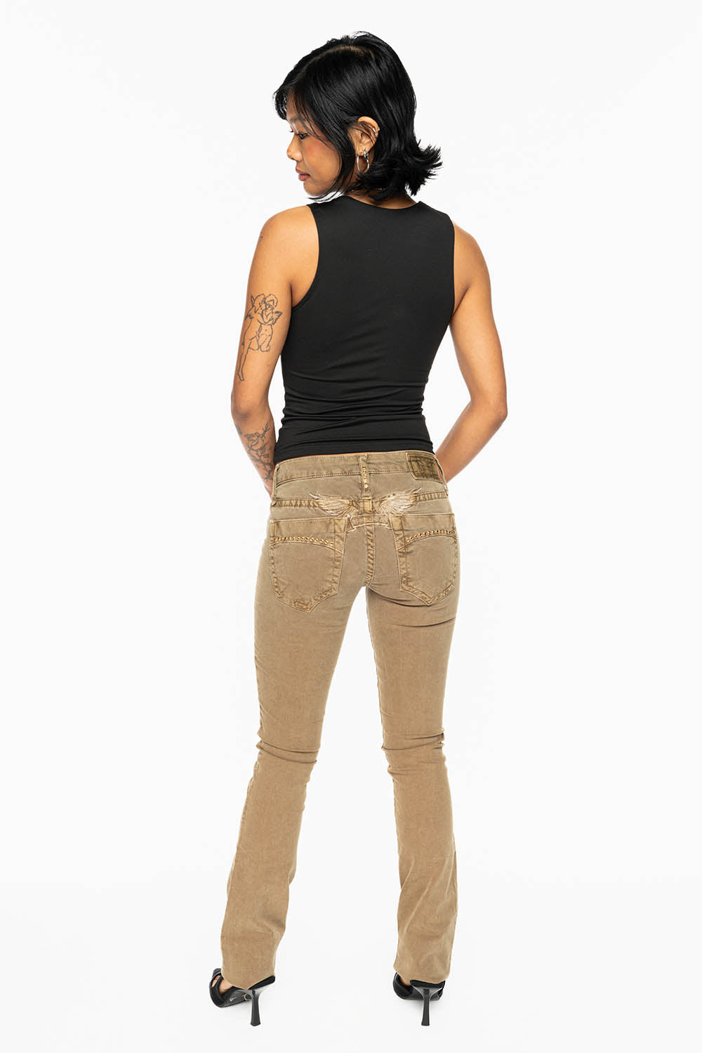 MARILYN LOW RISE WOMENS JEANS IN KANGAROO WITH TONAL WINGS & SMOKY TOPAZ CRYSTALS