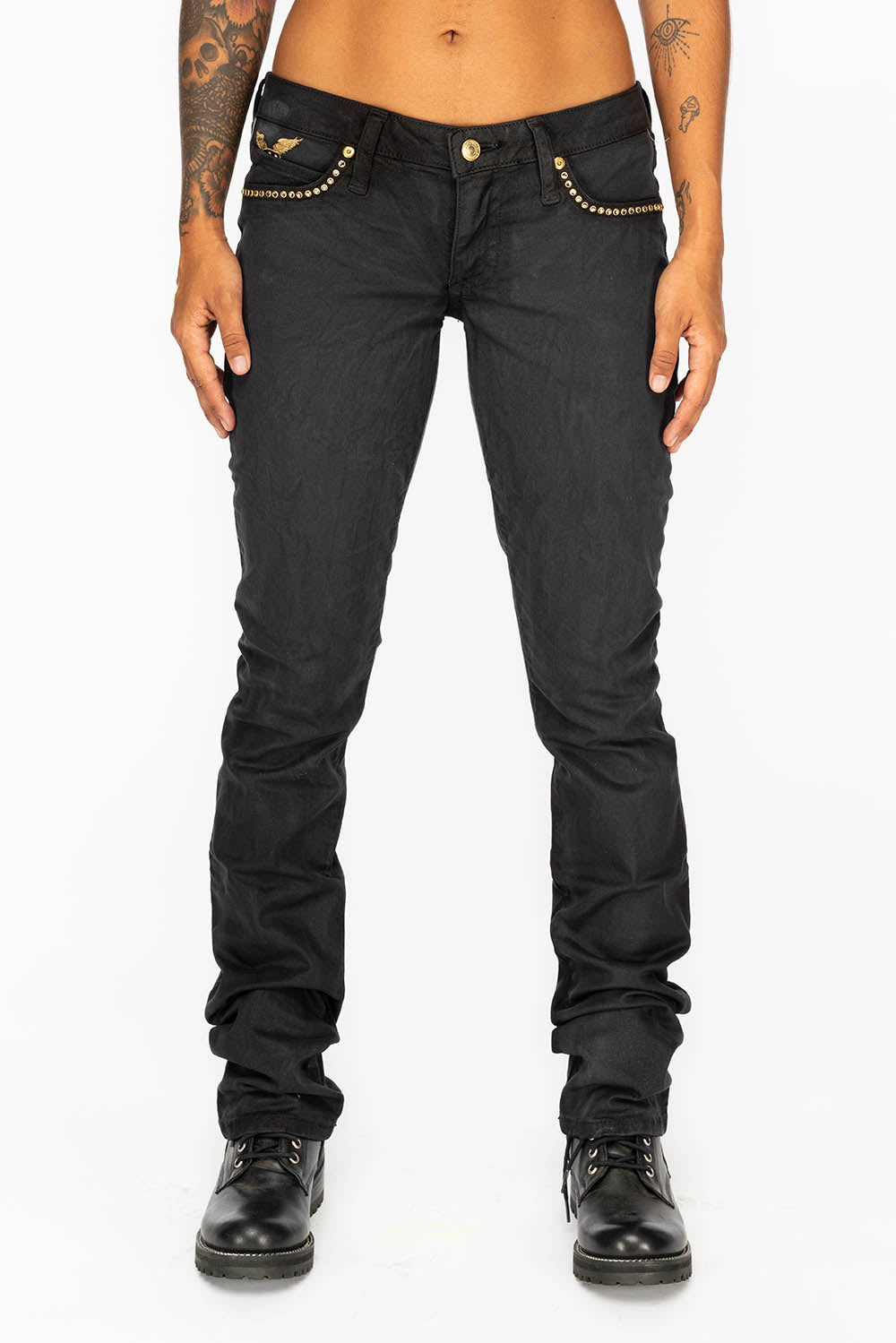 MARILYN LOW RISE WOMENS STRAIGHT LEG JEANS IN BLACK WAX WITH GOLD WINGS AND BLK DIAMOND CRYSTALS
