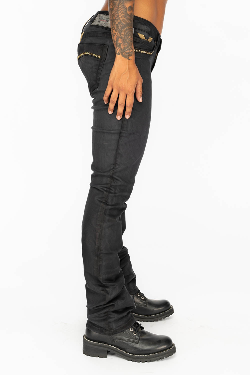 MARILYN LOW RISE WOMENS STRAIGHT LEG JEANS IN BLACK WAX WITH GOLD WINGS AND BLK DIAMOND CRYSTALS