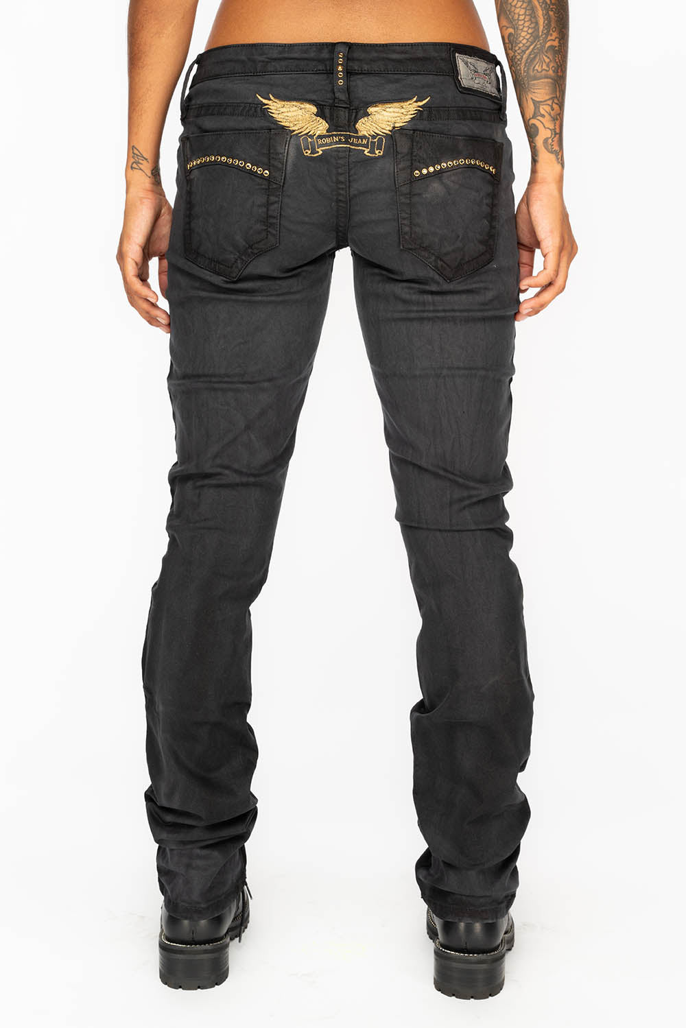 MARILYN LOW RISE WOMENS STRAIGHT LEG JEANS IN BLACK WAX WITH GOLD WINGS AND BLK DIAMOND CRYSTALS